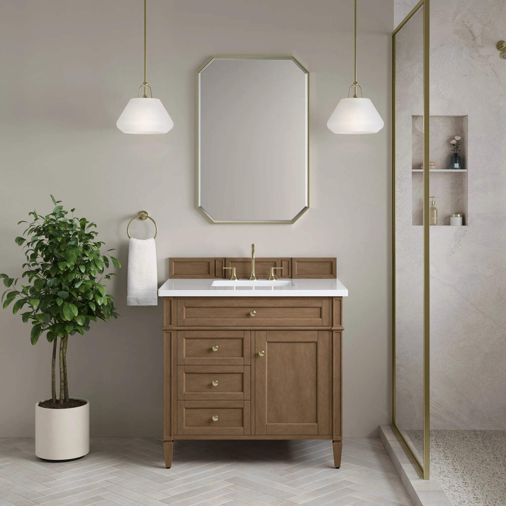 36" Brittany Single Vanity in Pecan by James Martin Vanities-White Zeus Silestone 1