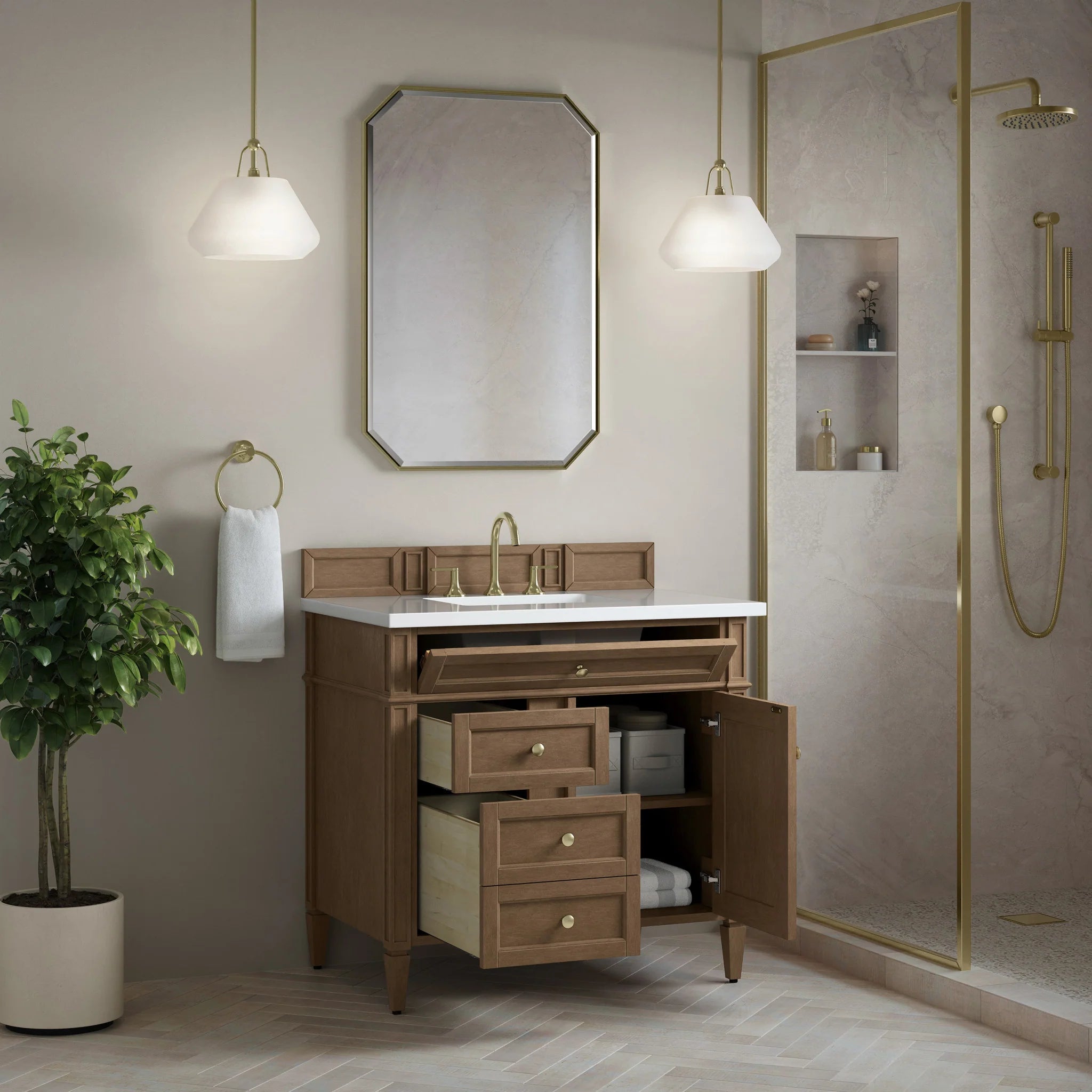 36" Brittany Single Vanity in Pecan by James Martin Vanities-White Zeus Silestone 3