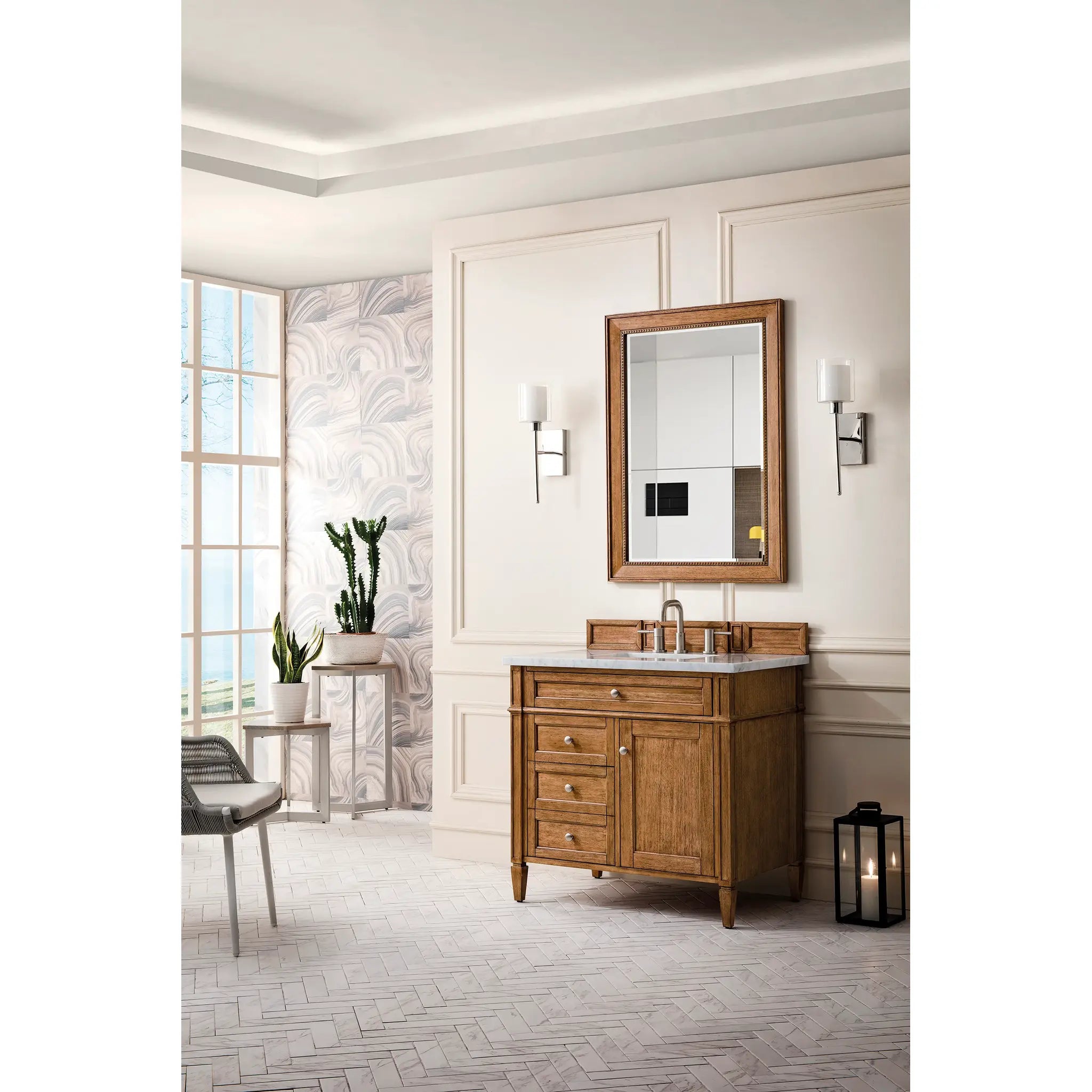 36" Brittany Single Vanity in Saddle Brown-Eternal Jasmine Pearl Silestone-8" Widespread image 2