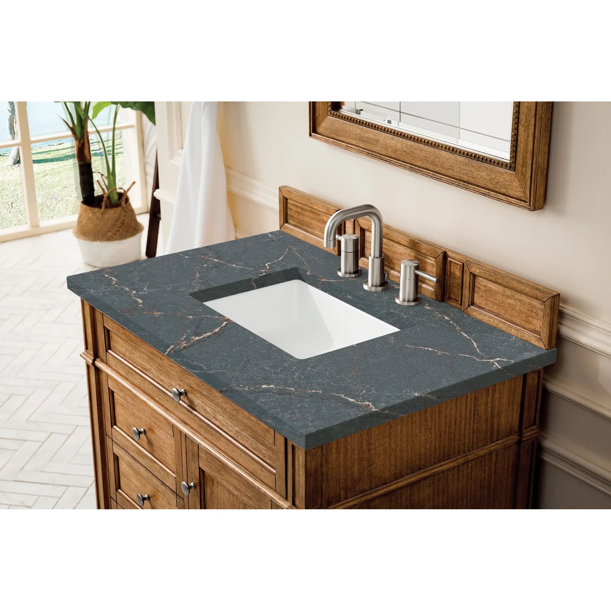 36" Brittany Single Vanity in Saddle Brown-Parisien Bleu Silestone-8" Widespread image 4