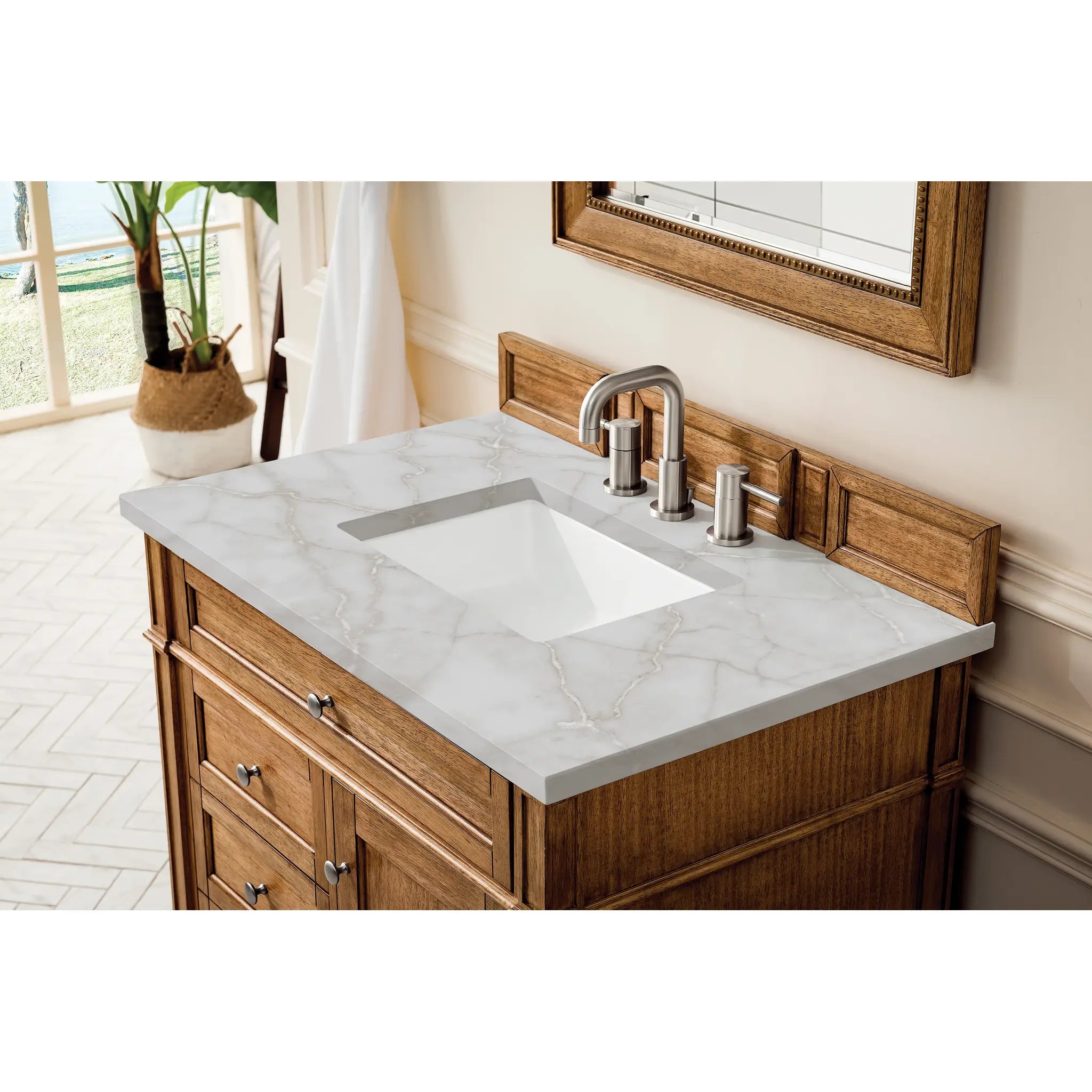 36" Brittany Single Vanity in Saddle Brown-Victorian Silver Silestone-8" Widespread image 4