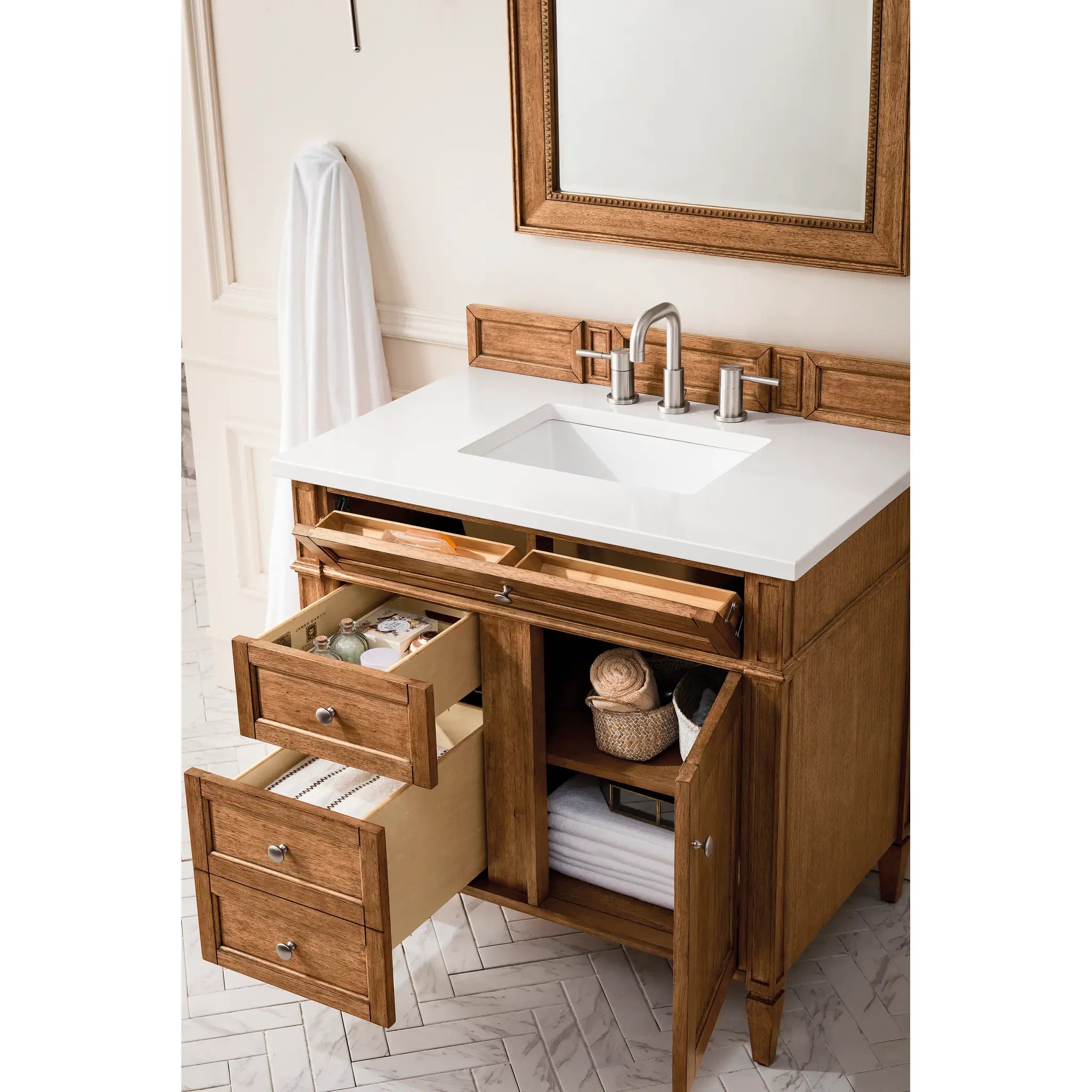 36" Brittany Single Vanity in Saddle Brown-White Zeus Silestone-8" Widespread image 3