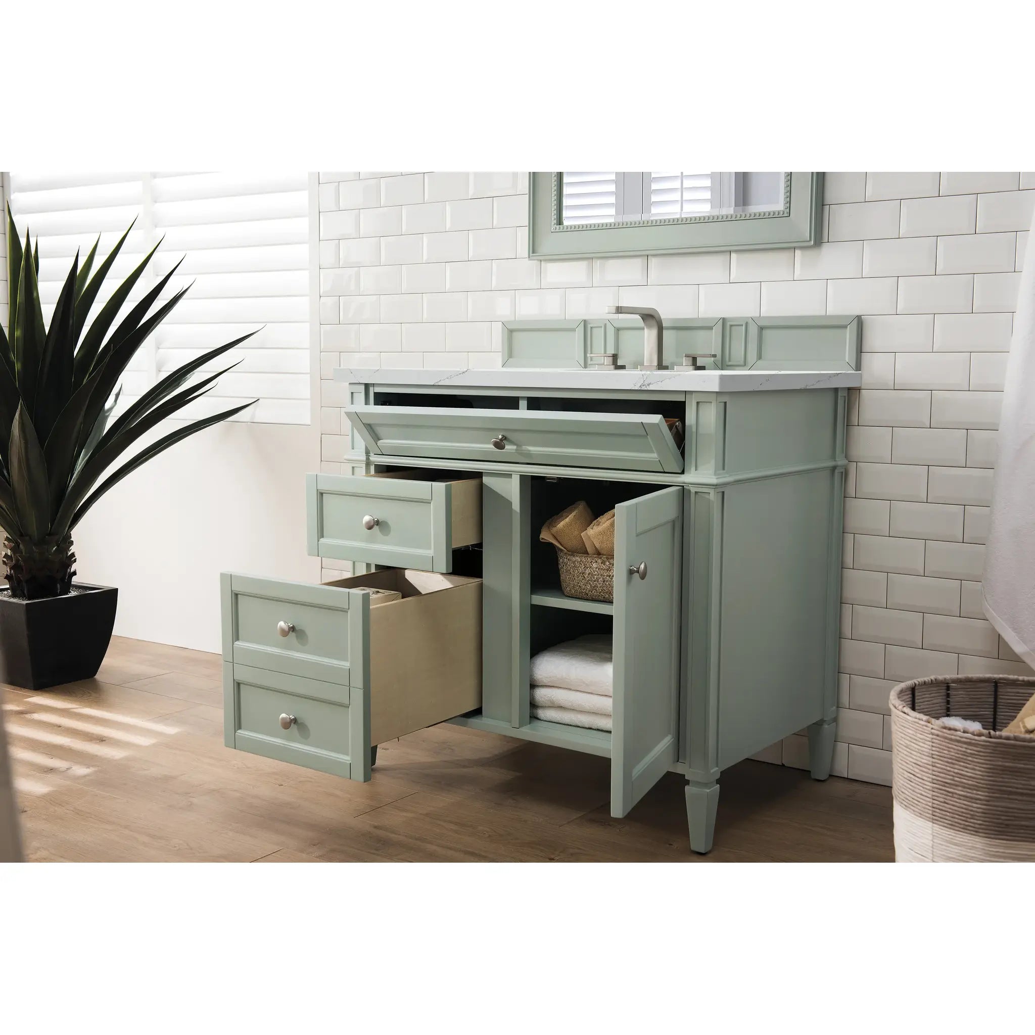 36" Brittany Single Vanity in Sage Green-Ethereal Noctis Silestone-8" Widespread image 3