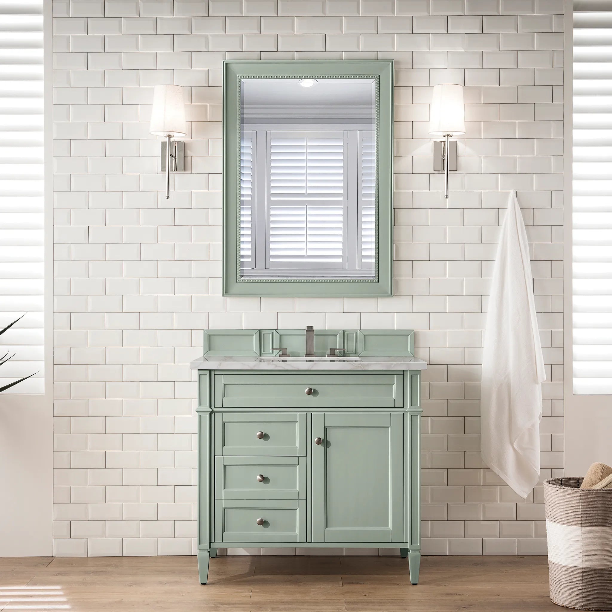 36" Brittany Single Vanity in Sage Green-Victorian Silver Silestone-8" Widespread image 1