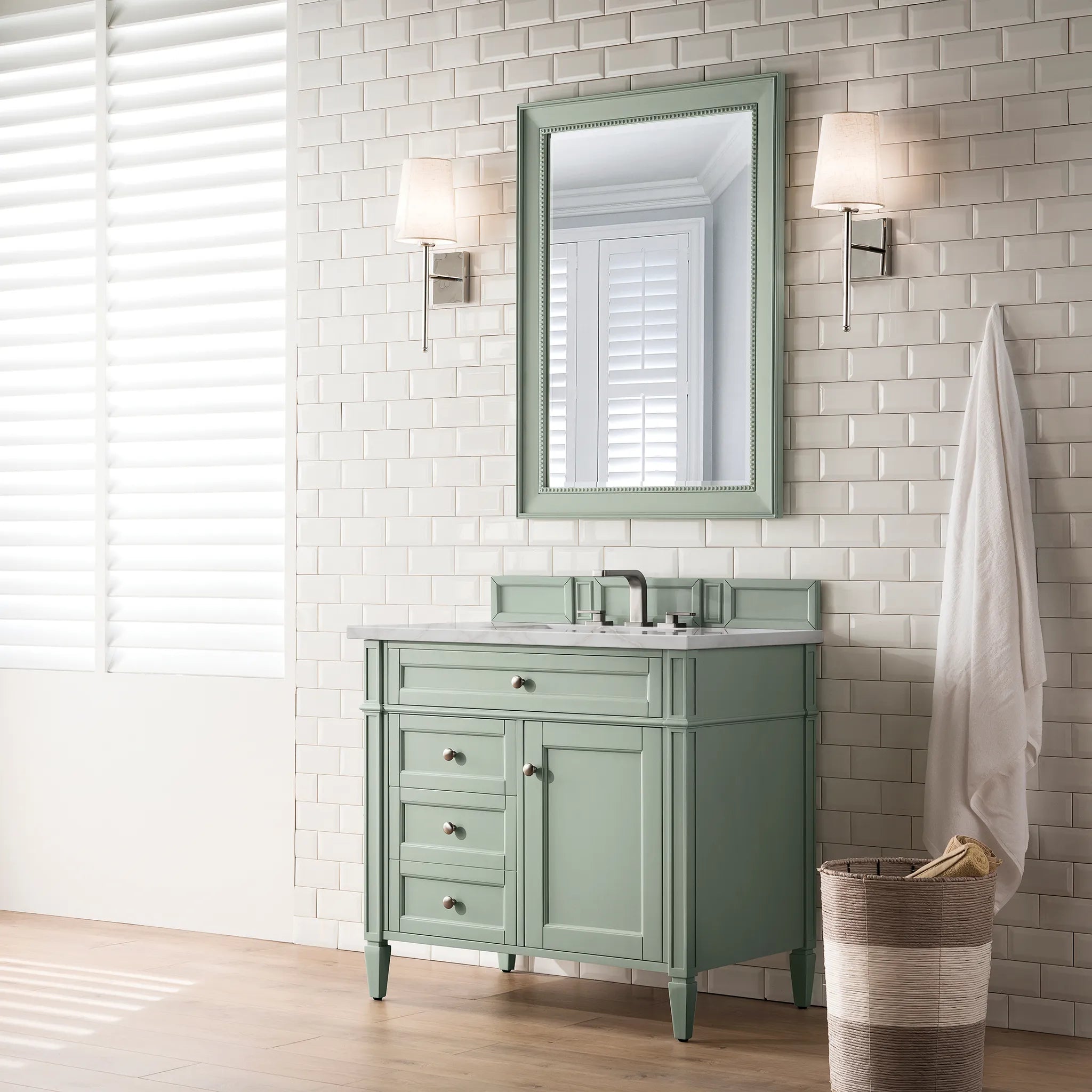 36" Brittany Single Vanity in Sage Green-Victorian Silver Silestone-8" Widespread image 2