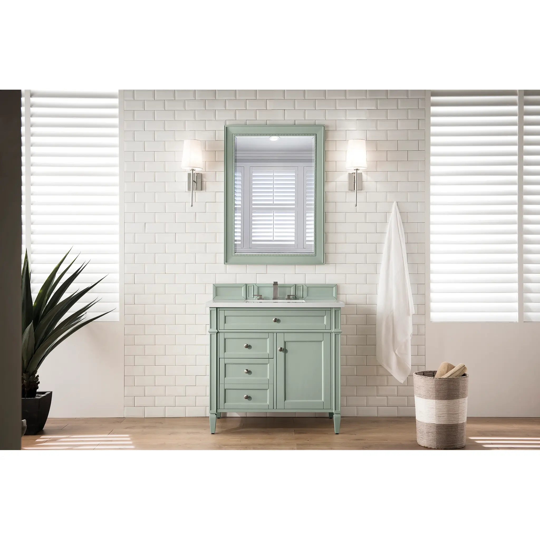 36" Brittany Single Vanity in Sage Green-White Zeus Silestone-8" Widespread image 1
