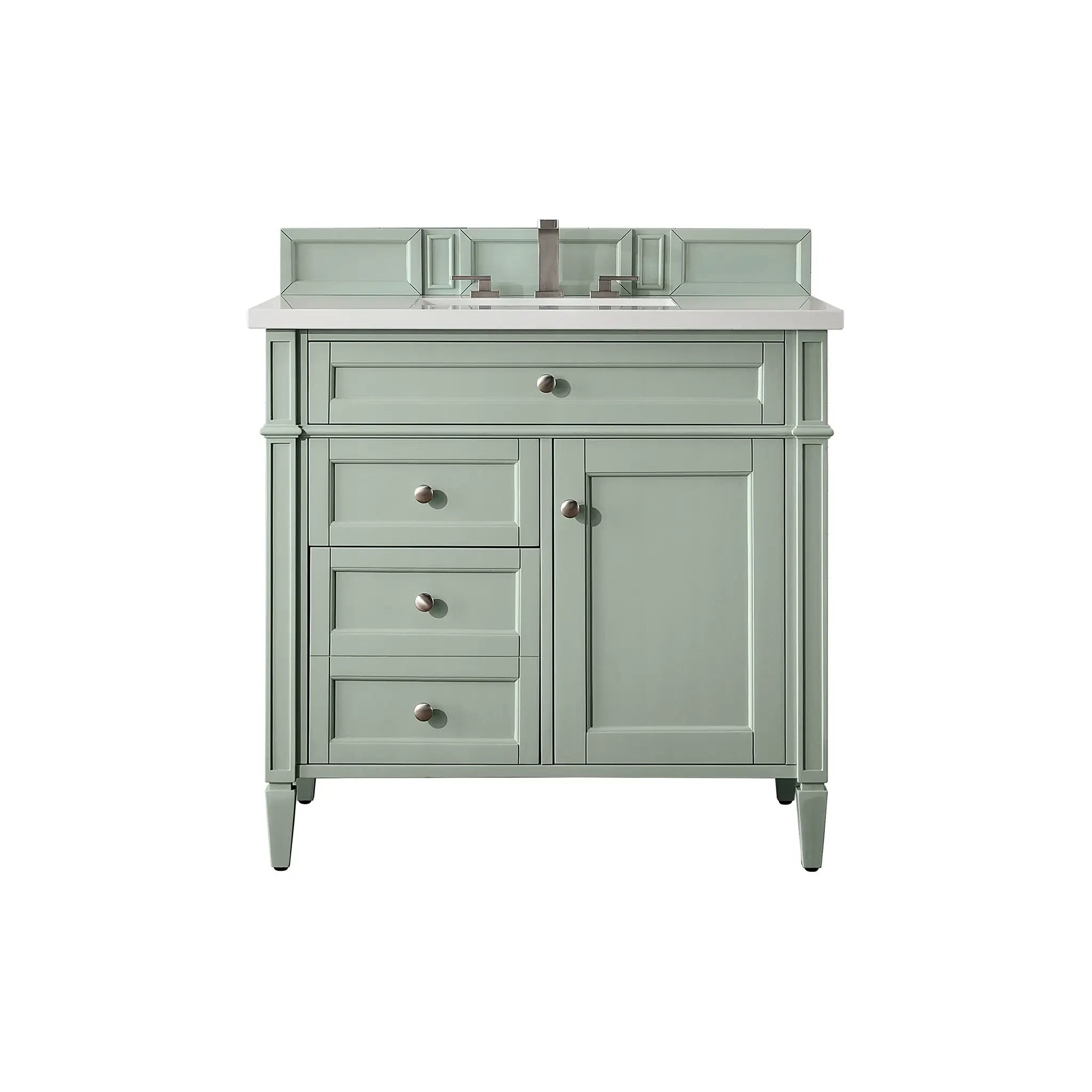 36" Brittany Single Vanity in Sage Green-White Zeus Silestone-8" Widespread image