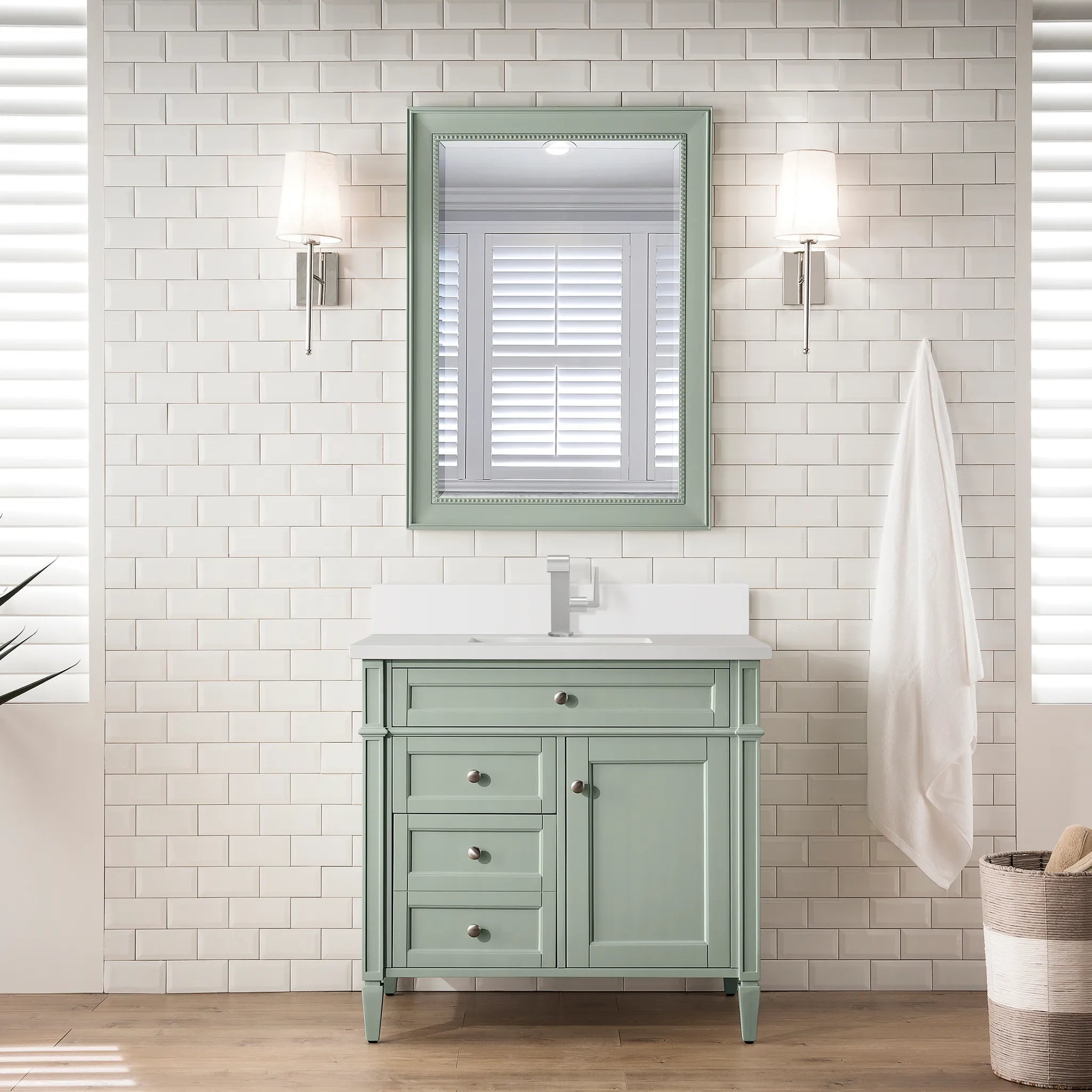 36" Brittany Single Vanity in Sage Green-White Zeus Silestone & Backsplash-Single Hole image 1