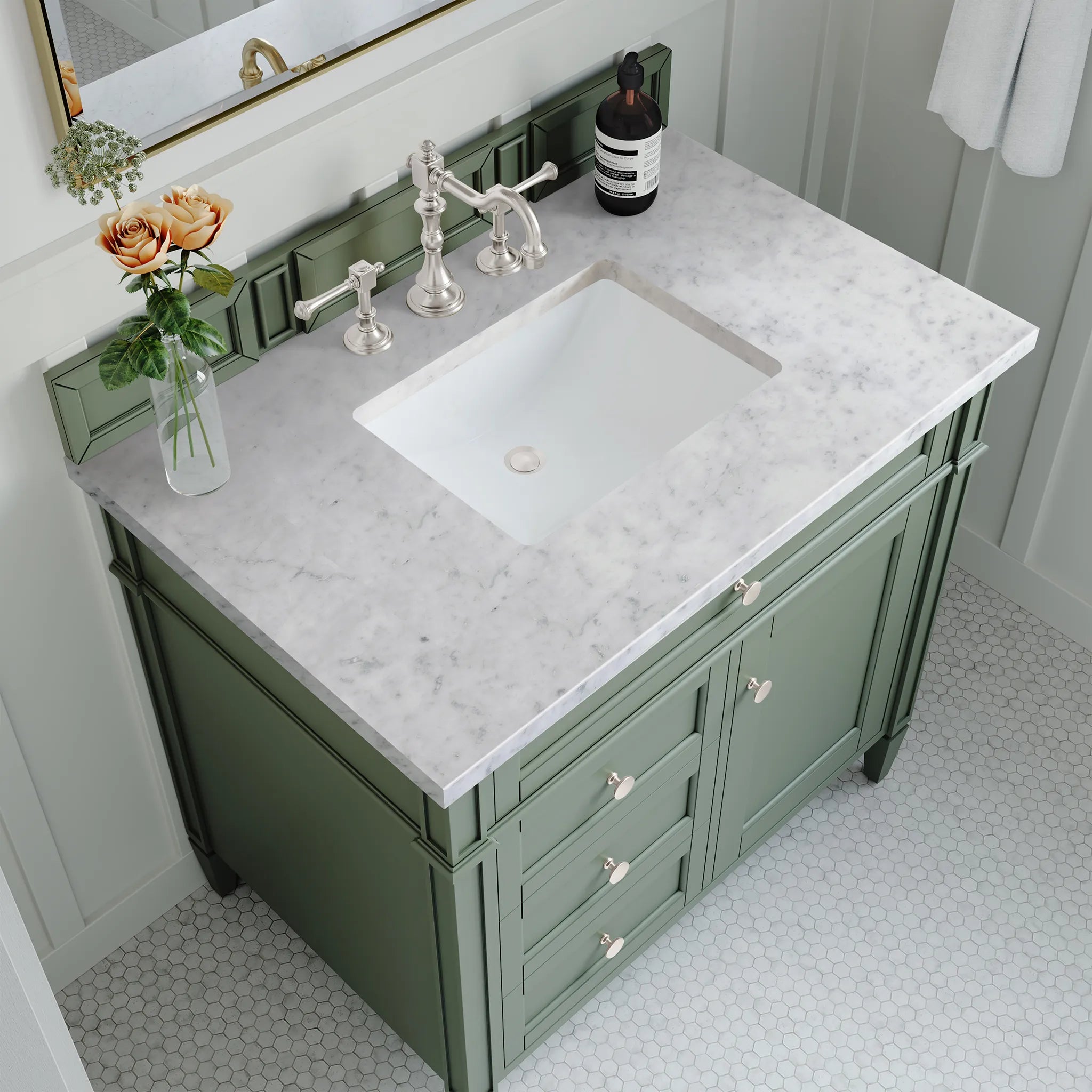 36" Brittany Single Vanity in Smokey Celadon-Carrara White Marble-8" Widespread image 4