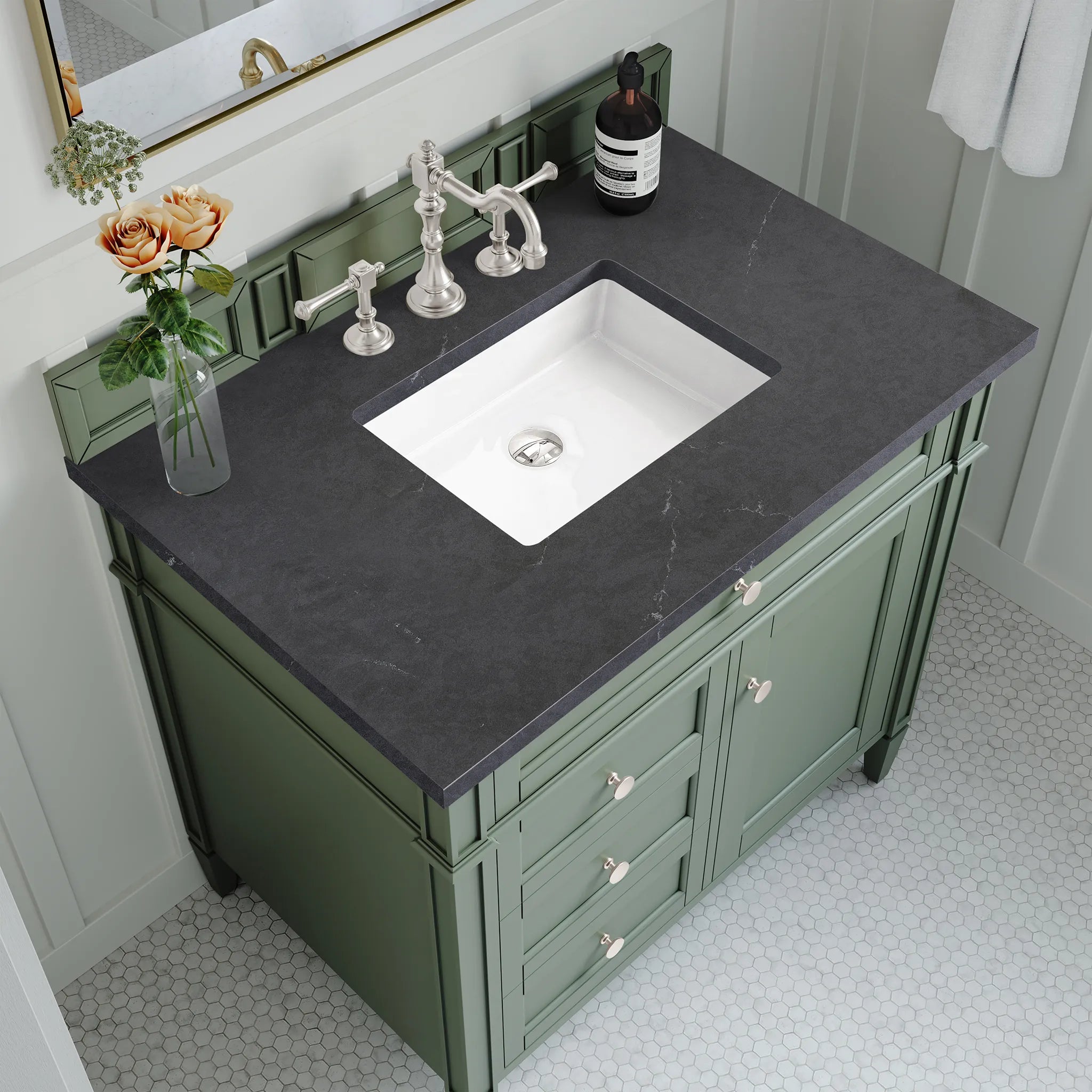 36" Brittany Single Vanity in Smokey Celadon-Charcoal Soapstone Silestone-8" Widespread image 4
