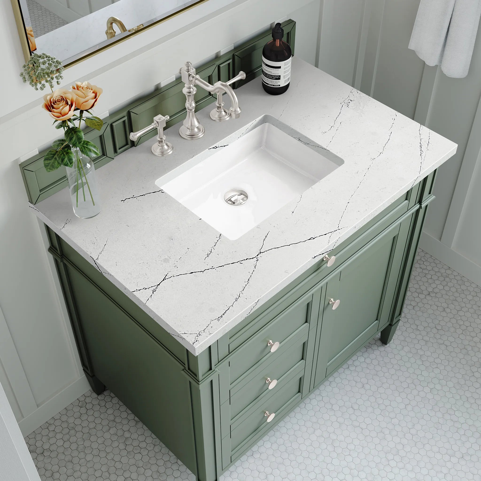 36" Brittany Single Vanity in Smokey Celadon-Ethereal Noctis Silestone-8" Widespread image 4