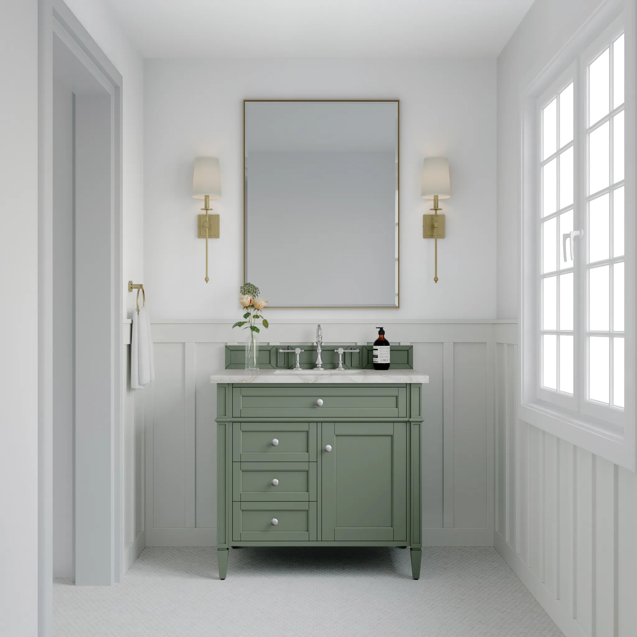 36" Brittany Single Vanity in Smokey Celadon-Victorian Silver Silestone-8" Widespread image 1