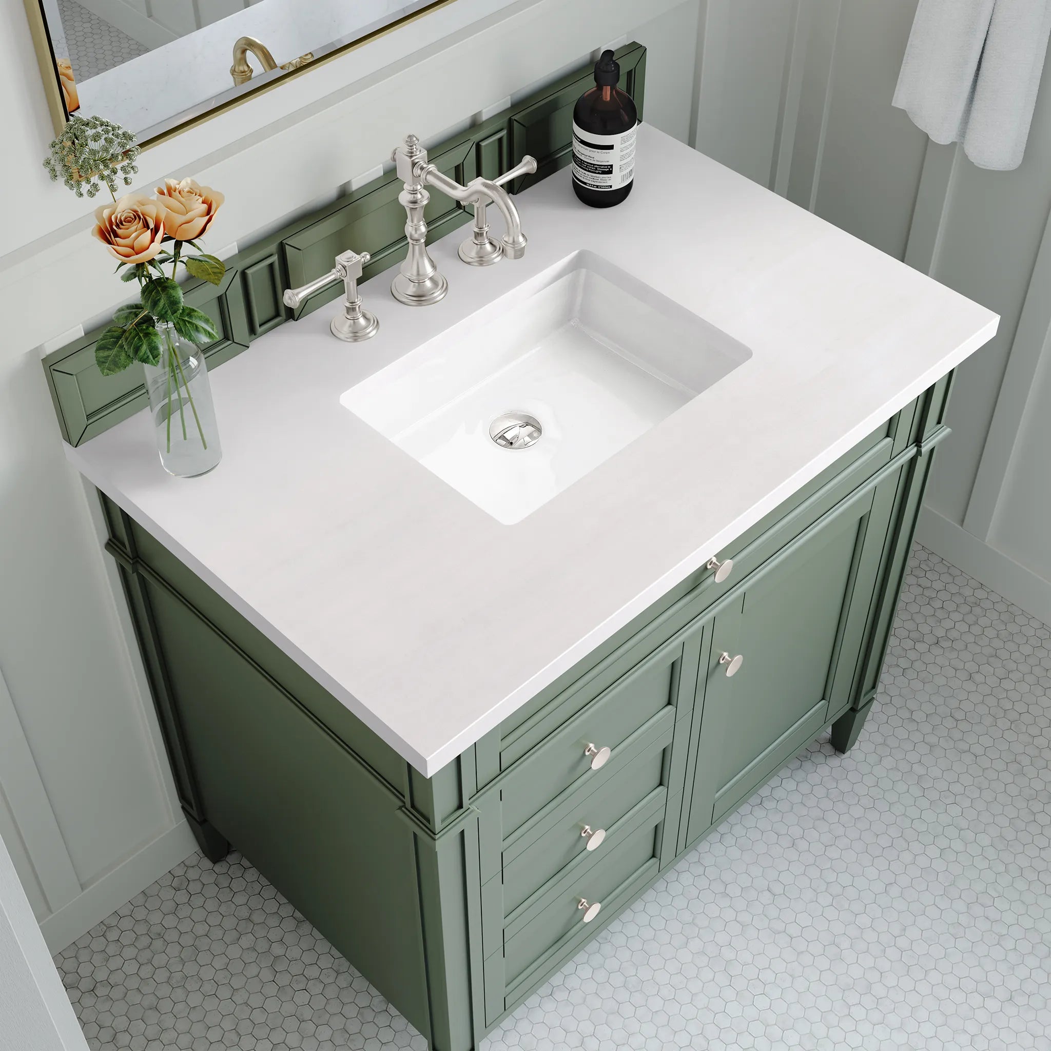 36" Brittany Single Vanity in Smokey Celadon-White Zeus Silestone-8" Widespread image 4