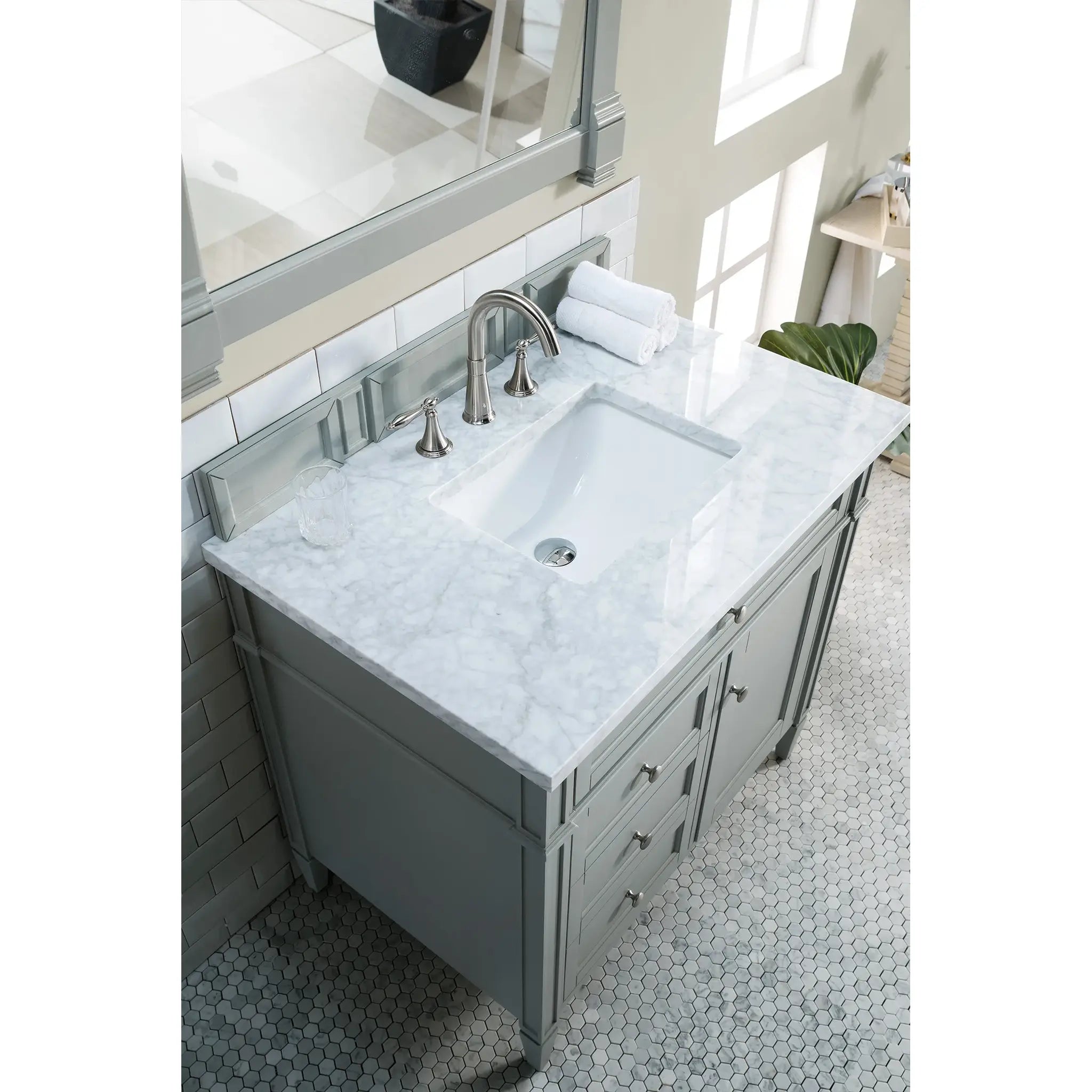36" Brittany Single Vanity in Urban Gray-Carrara White Marble-8" Widespread image 2