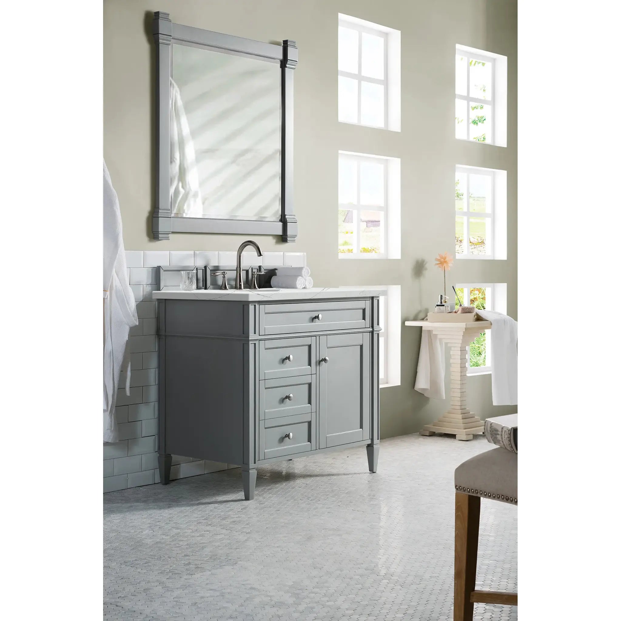 36" Brittany Single Vanity in Urban Gray-Ethereal Noctis Silestone-8" Widespread image 2