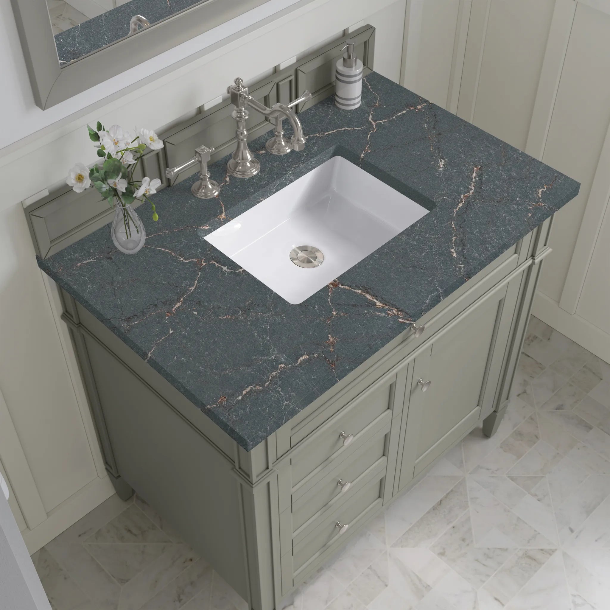 36" Brittany Single Vanity in Urban Gray-Parisien Bleu Silestone-8" Widespread image 4