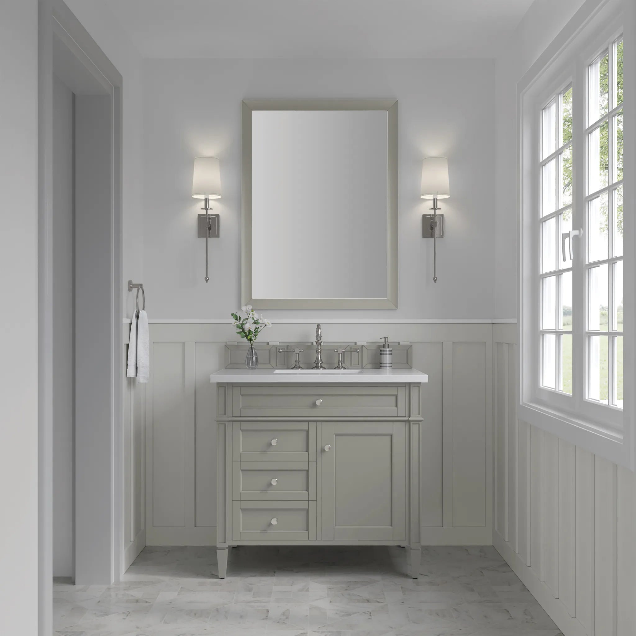 36" Brittany Single Vanity in Urban Gray-White Zeus Silestone-8" Widespread image