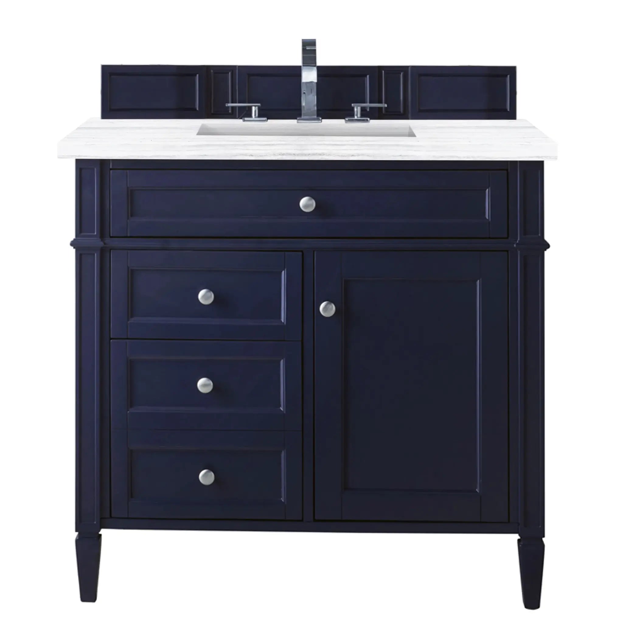 36" Brittany Single Vanity in Victory Blue-Carrara White Marble-8" Widespread image