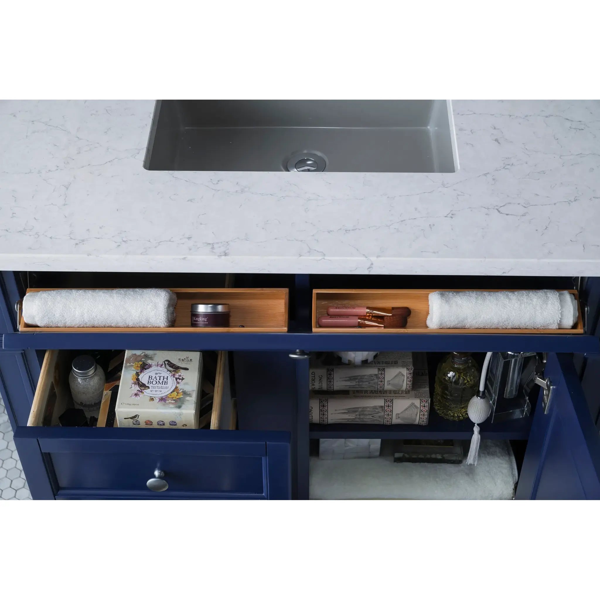 36" Brittany Single Vanity in Victory Blue-Eternal Jasmine Pearl Silestone-8" Widespread image 4