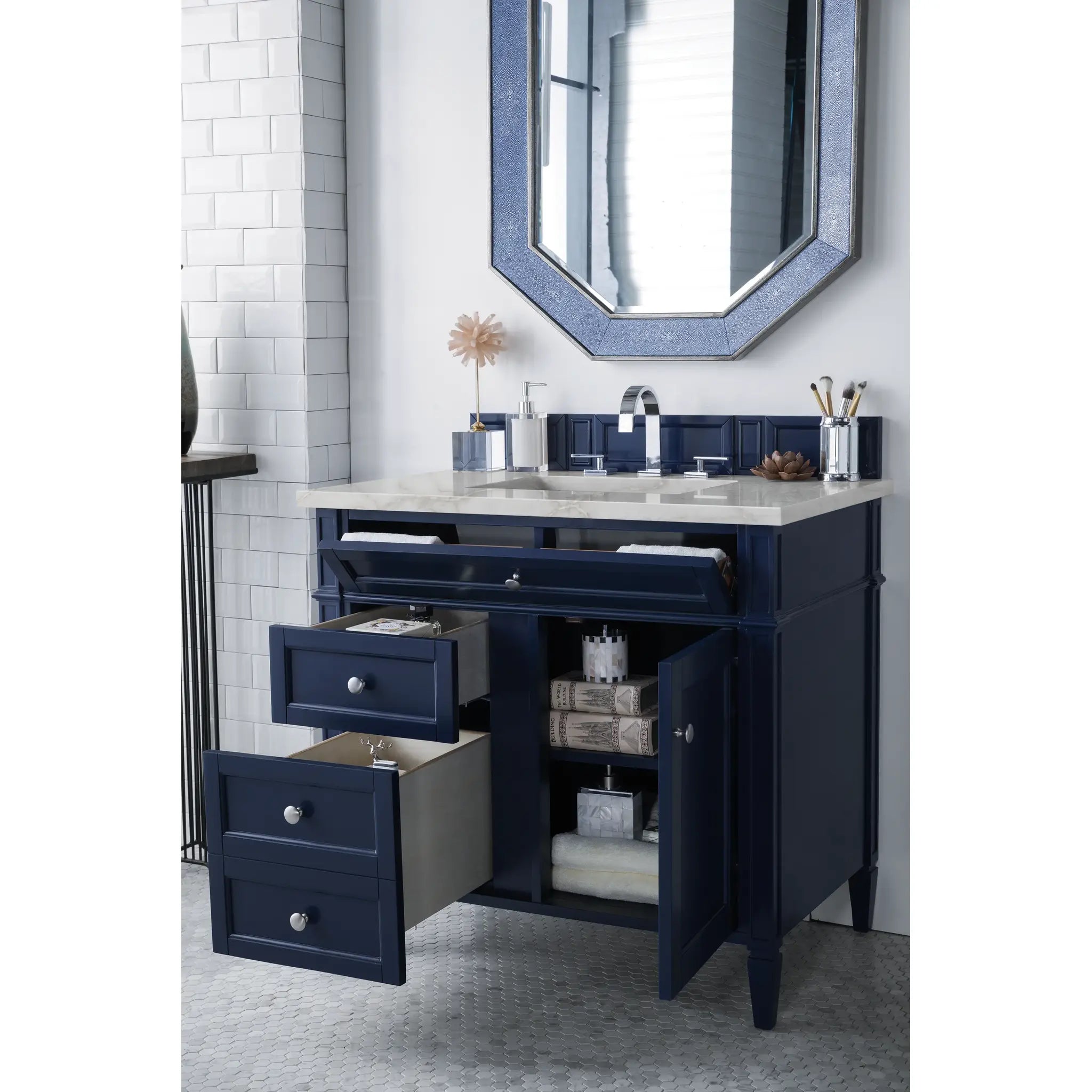 36" Brittany Single Vanity in Victory Blue-Victorian Silver Silestone-8" Widespread image 3