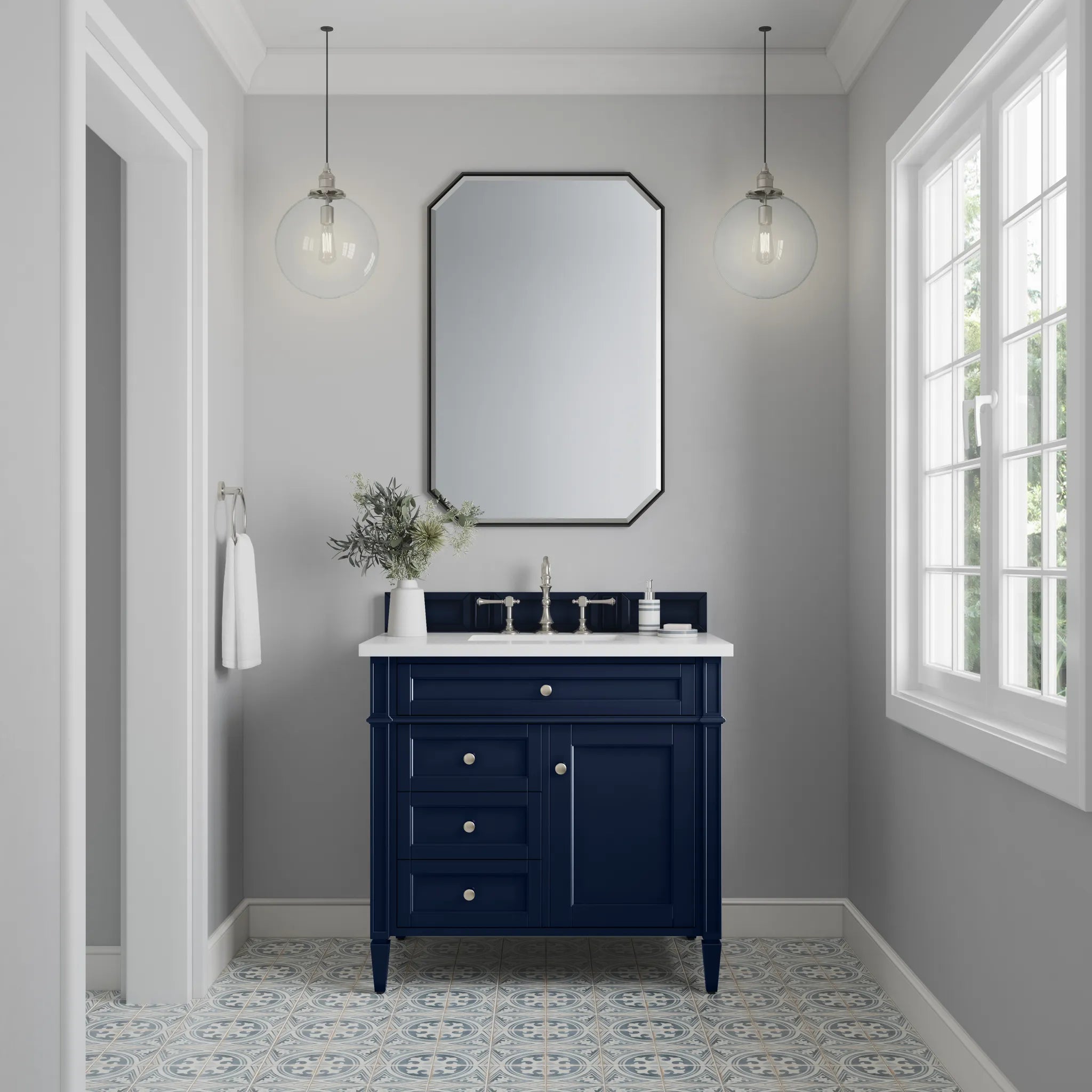36" Brittany Single Vanity in Victory Blue-White Zeus Silestone-8" Widespread image