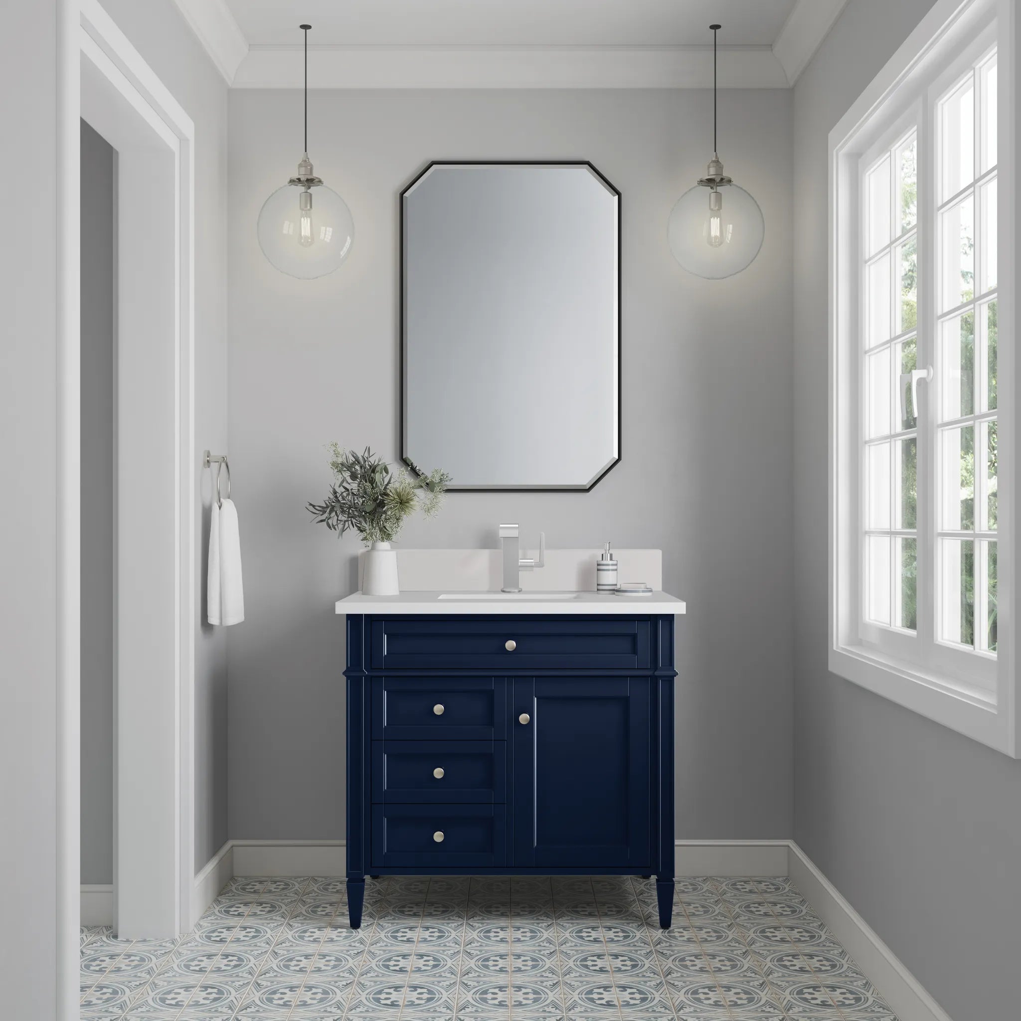 36" Brittany Single Vanity in Victory Blue-White Zeus Silestone & Backsplash-Single Hole image 1