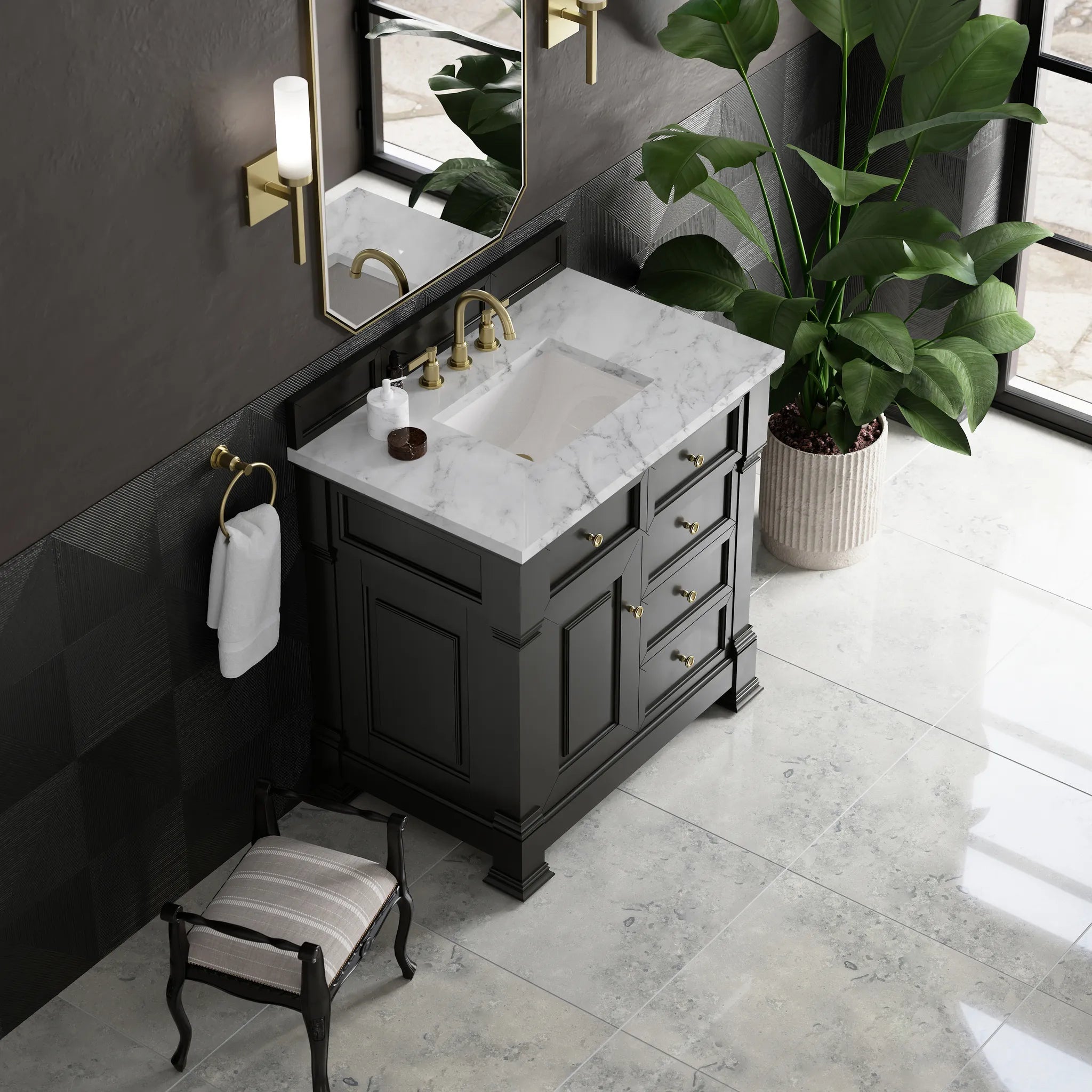 36" Brookfield Single Vanity in Black Onyx-Carrara White Marble-8" Widespread image 6