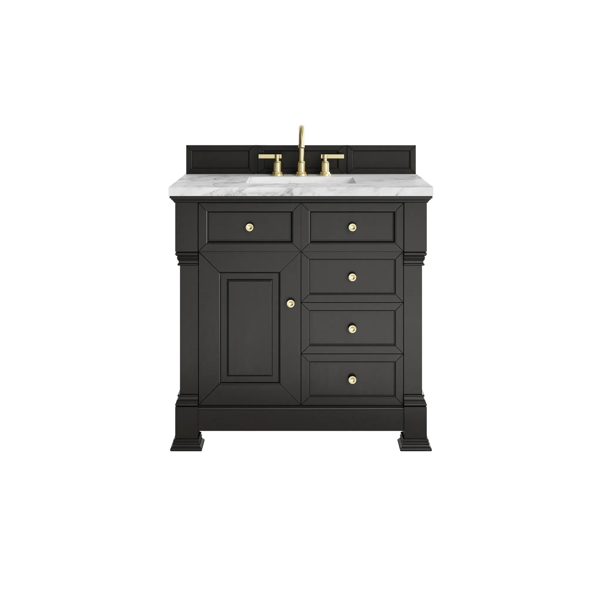36" Brookfield Single Vanity in Black Onyx-Carrara White Marble-8" Widespread image