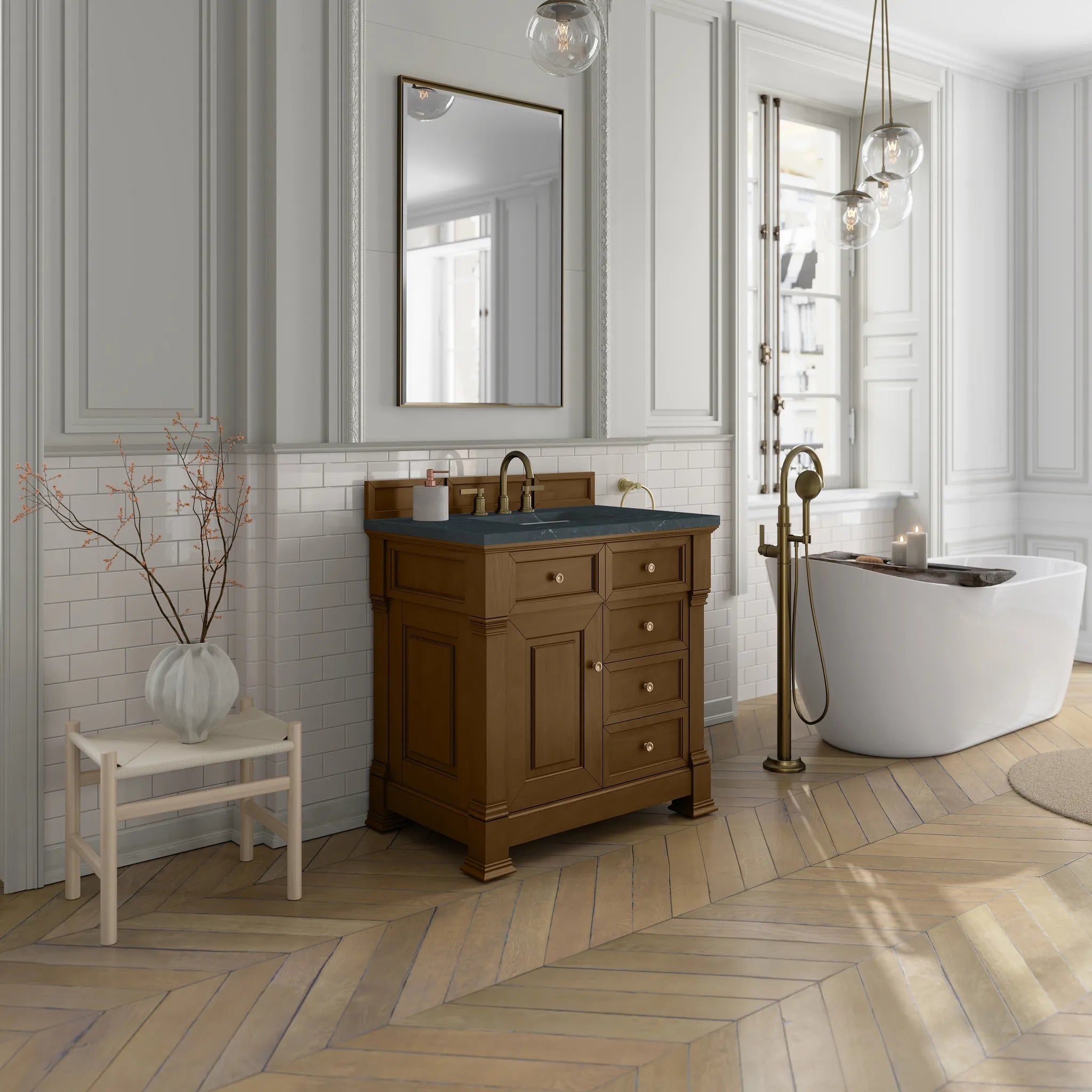 36" Brookfield Single Vanity in Honey Oak-Charcoal Soapstone Silestone-8" Widespread image 3