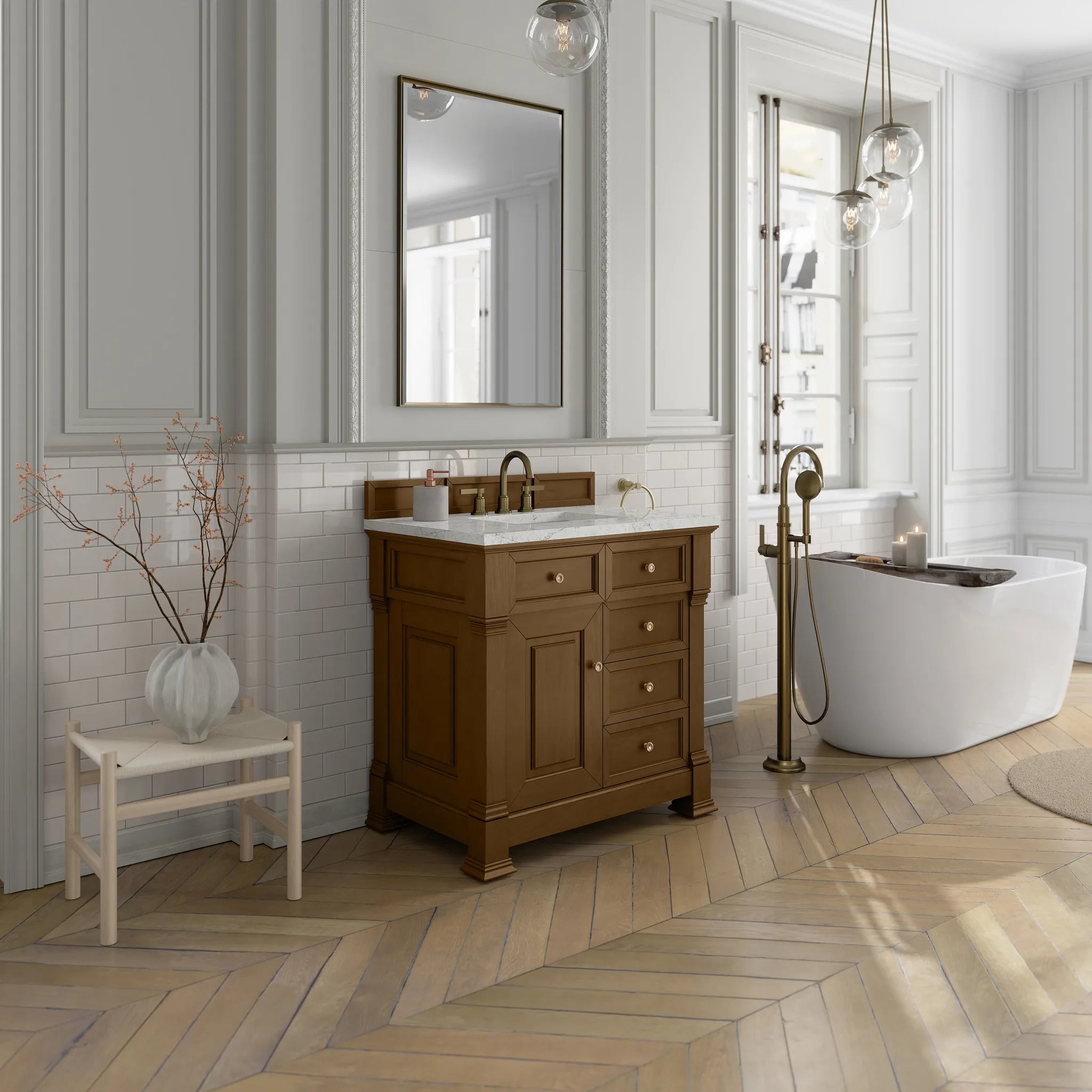 36" Brookfield Single Vanity in Honey Oak-Eternal Jasmine Pearl Silestone-8" Widespread image 3