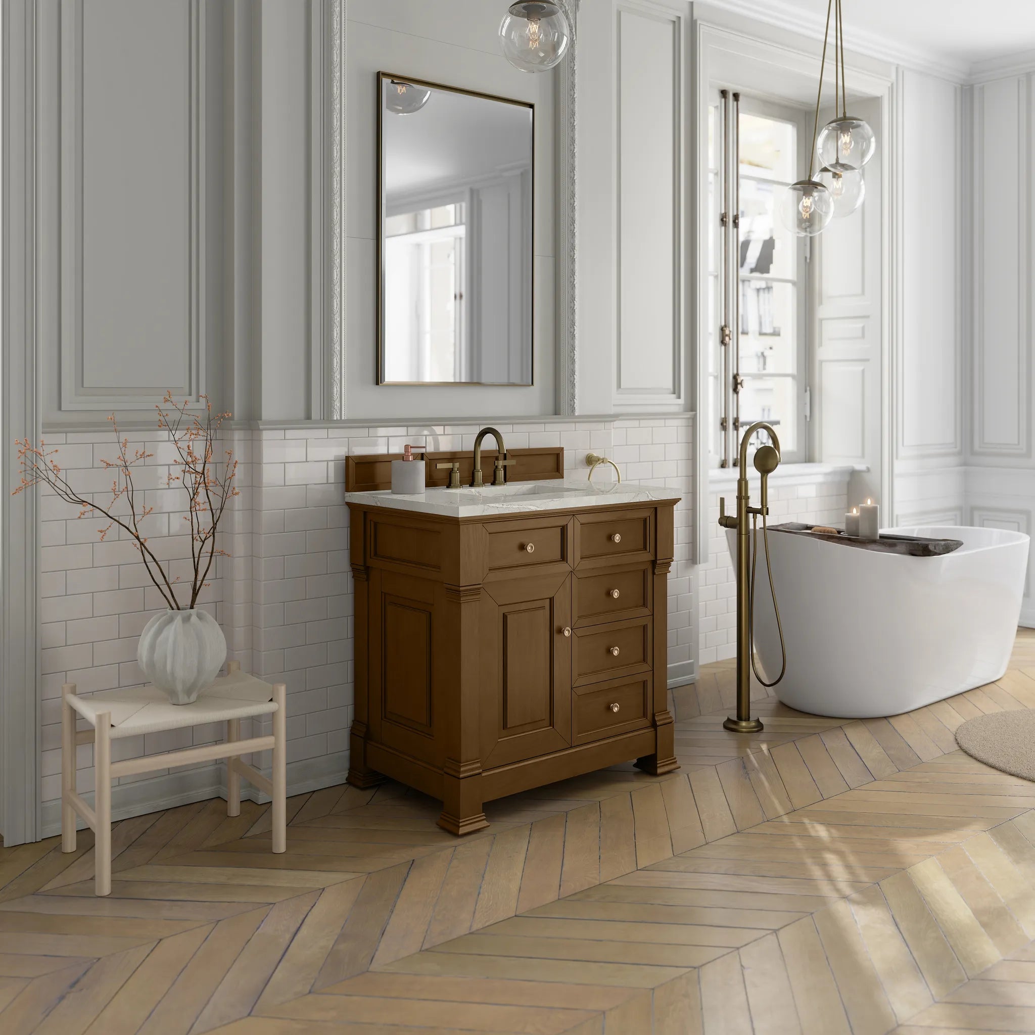 36" Brookfield Single Vanity in Honey Oak-Victorian Silver Silestone-8" Widespread image 3