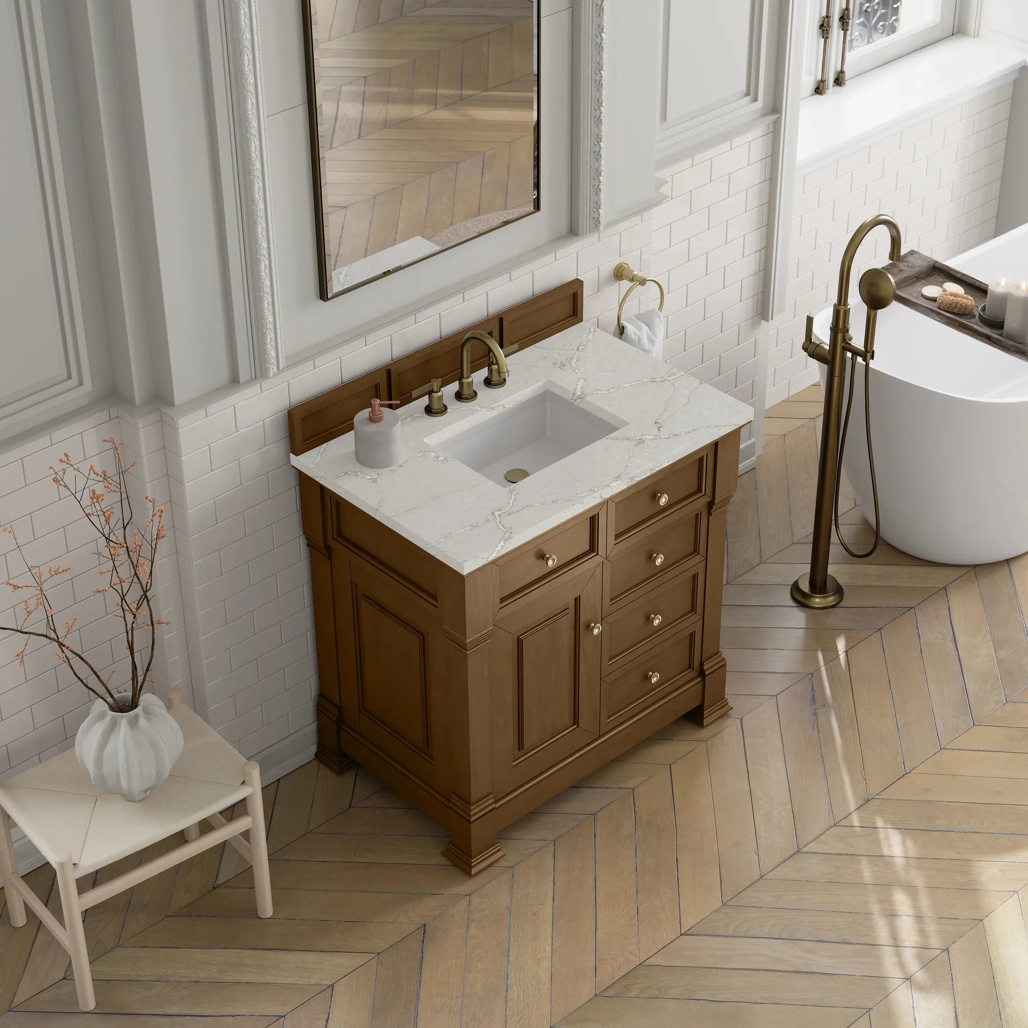36" Brookfield Single Vanity in Honey Oak-Victorian Silver Silestone-8" Widespread image 6