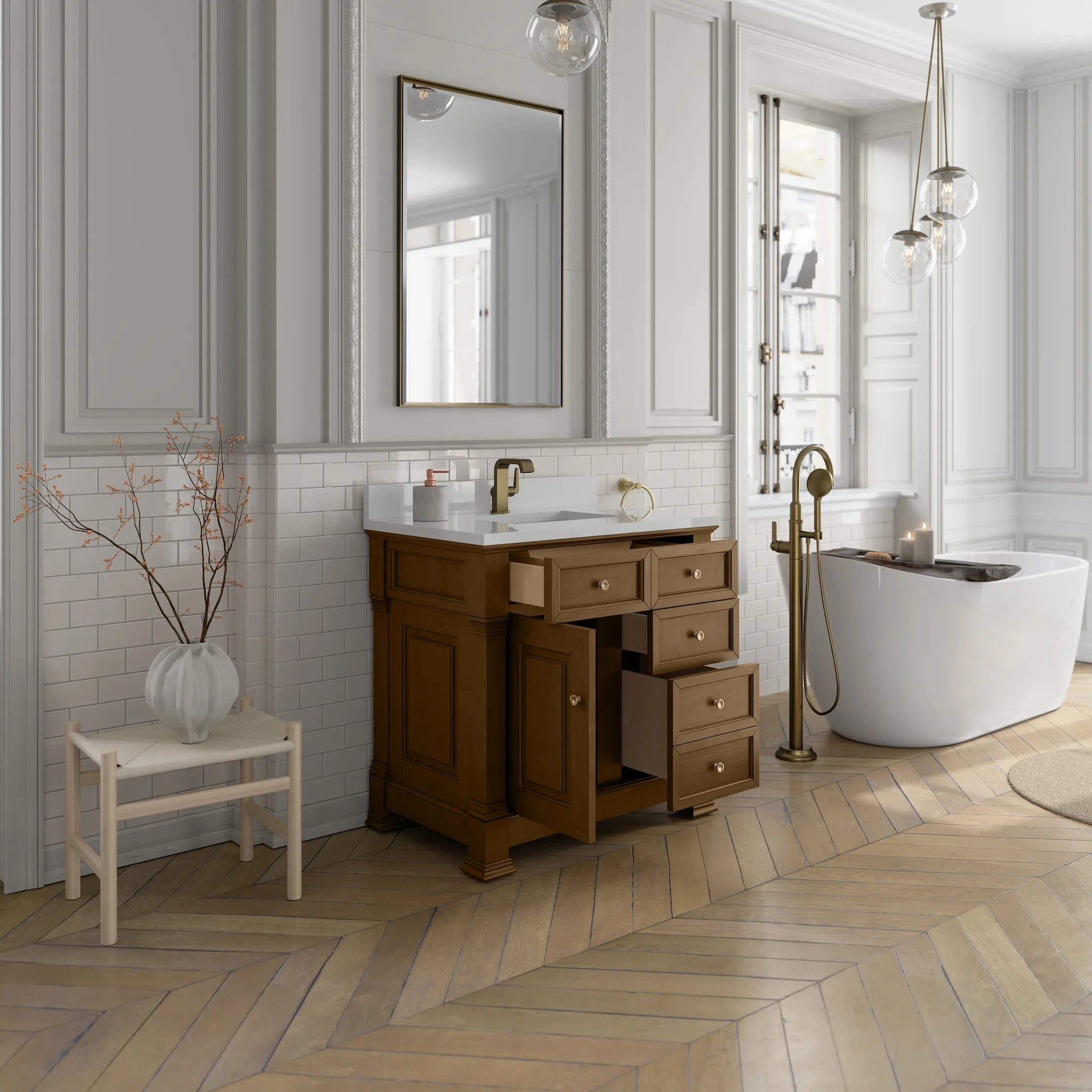 36" Brookfield Single Vanity in Honey Oak-White Zeus Silestone & Backsplash-Single Hole image 4