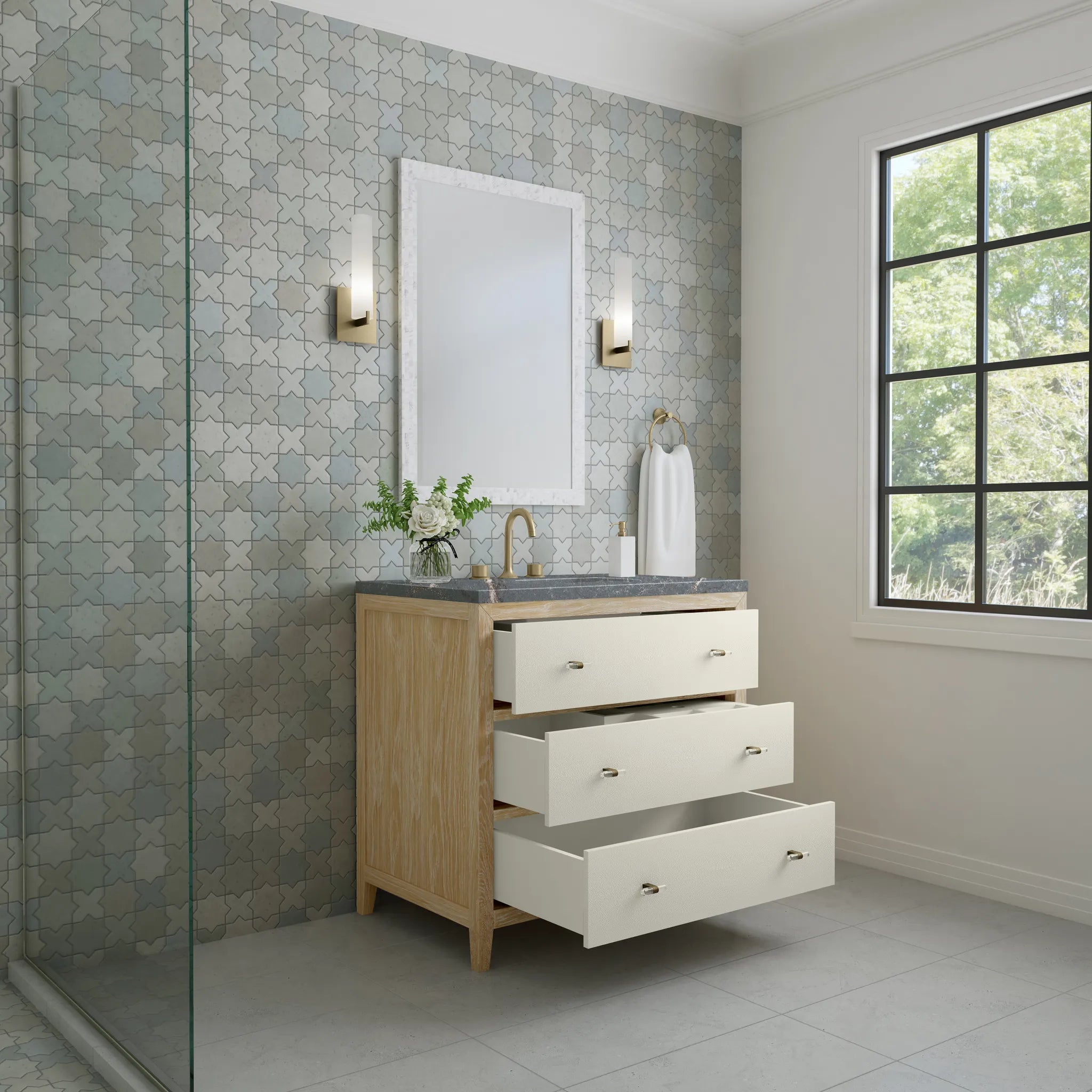 36" Celeste Single Vanity in Sunwashed Oak with Embossed Shagreen-Parisien Bleu Silestone-8" Widespread image 4