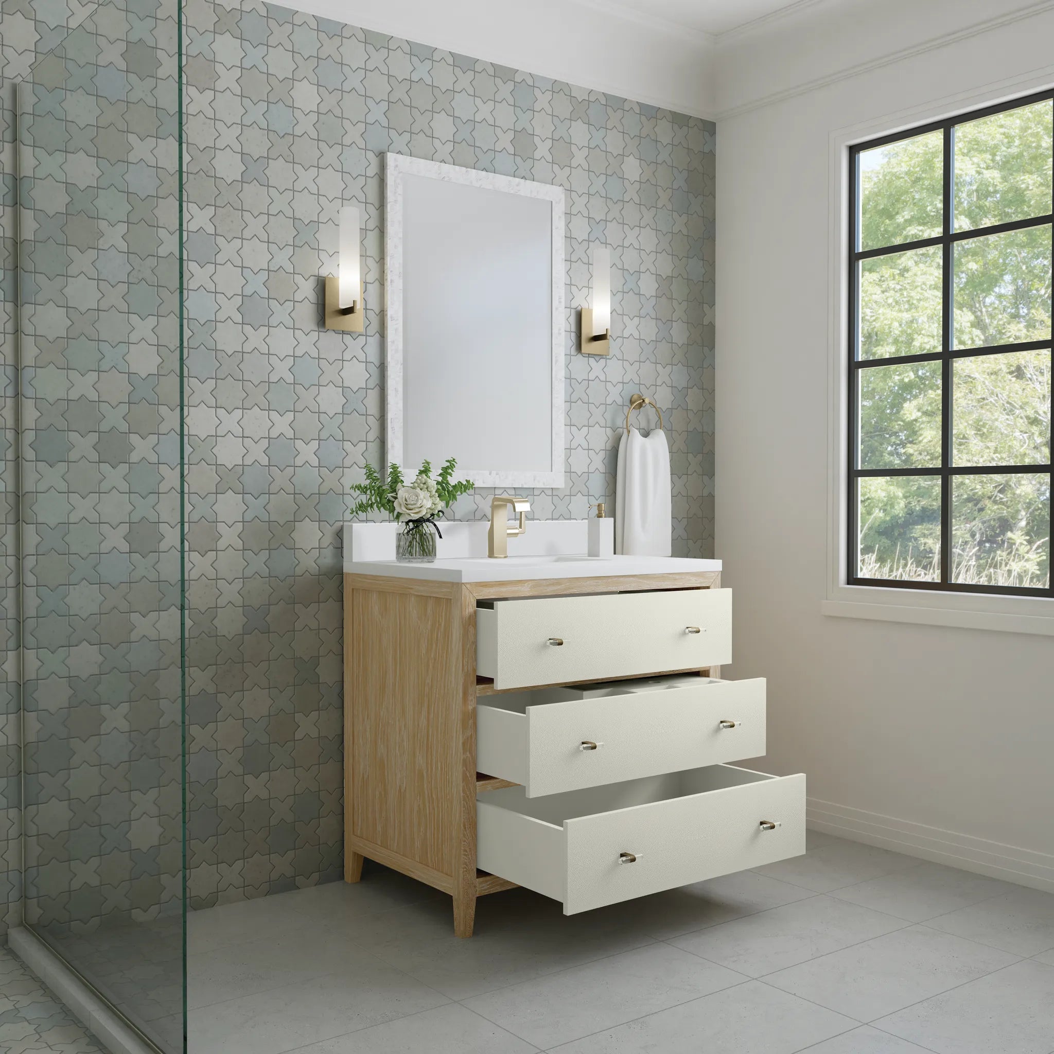 36" Celeste Single Vanity in Sunwashed Oak with Embossed Shagreen-White Zeus Silestone & Backsplash-Single Hole image 4