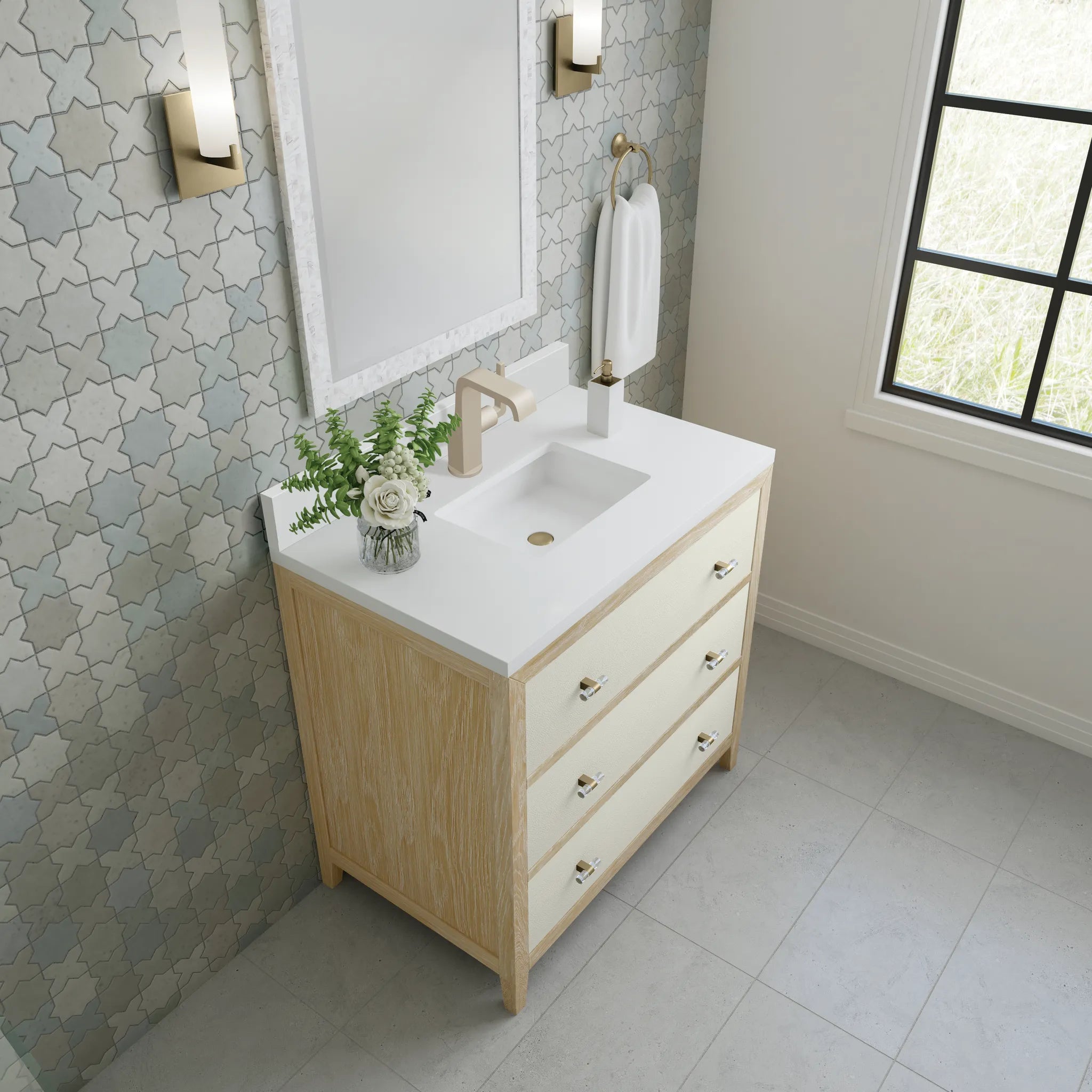 36" Celeste Single Vanity in Sunwashed Oak with Embossed Shagreen-White Zeus Silestone & Backsplash-Single Hole image 6