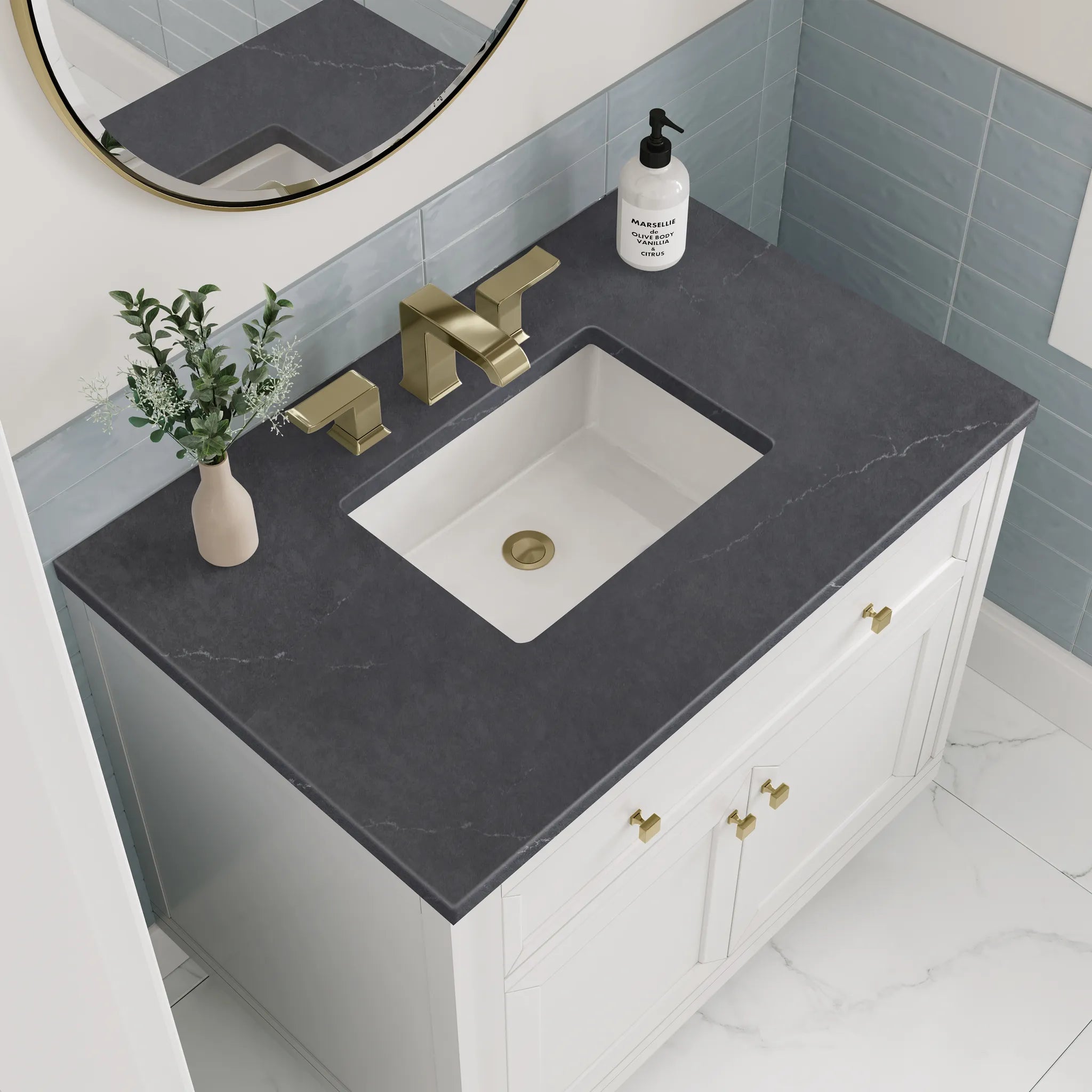 36" Chicago Single Vanity in Glossy White-Charcoal Soapstone Silestone-8" Widespread image 7