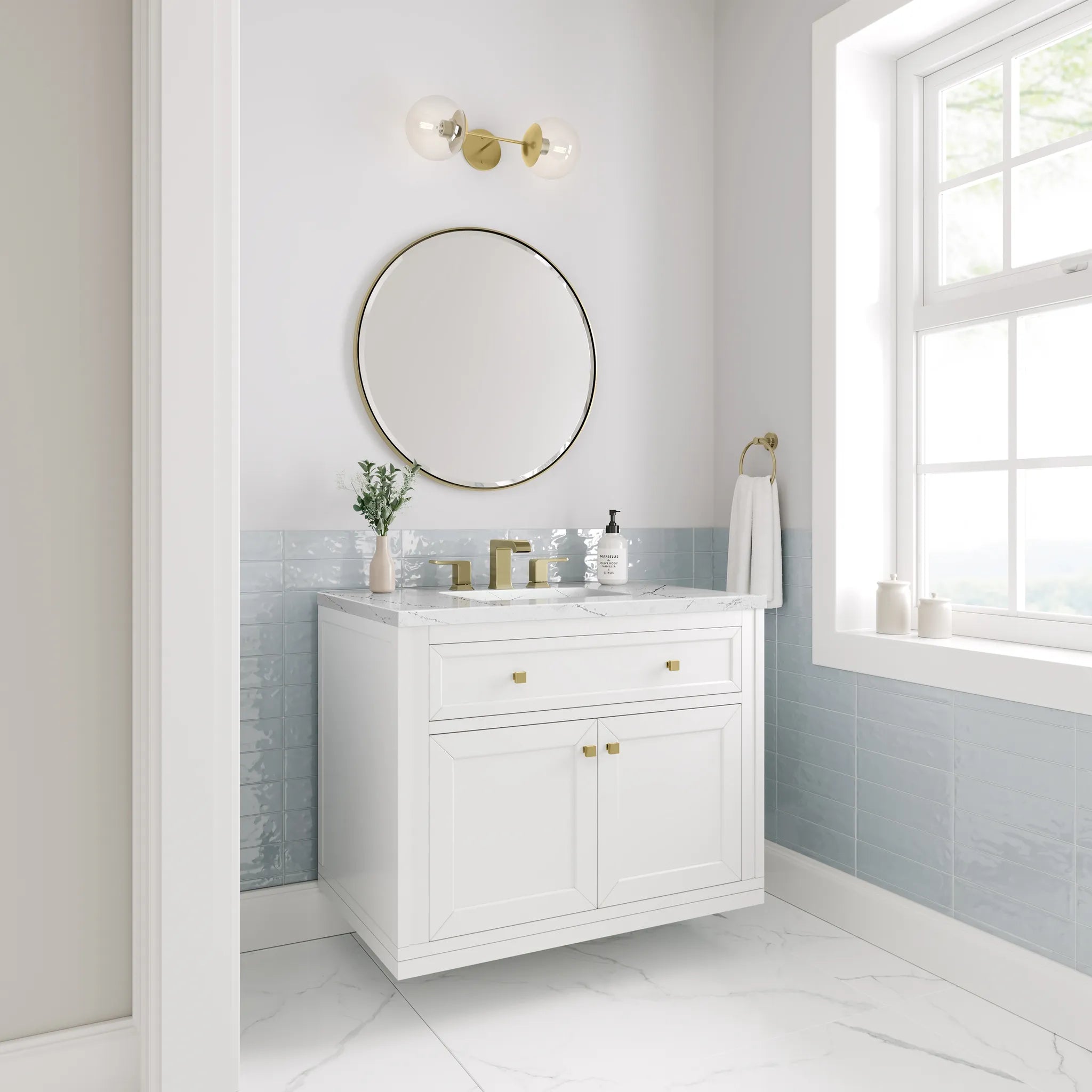 36" Chicago Single Vanity in Glossy White-Ethereal Noctis Silestone-8" Widespread image 4