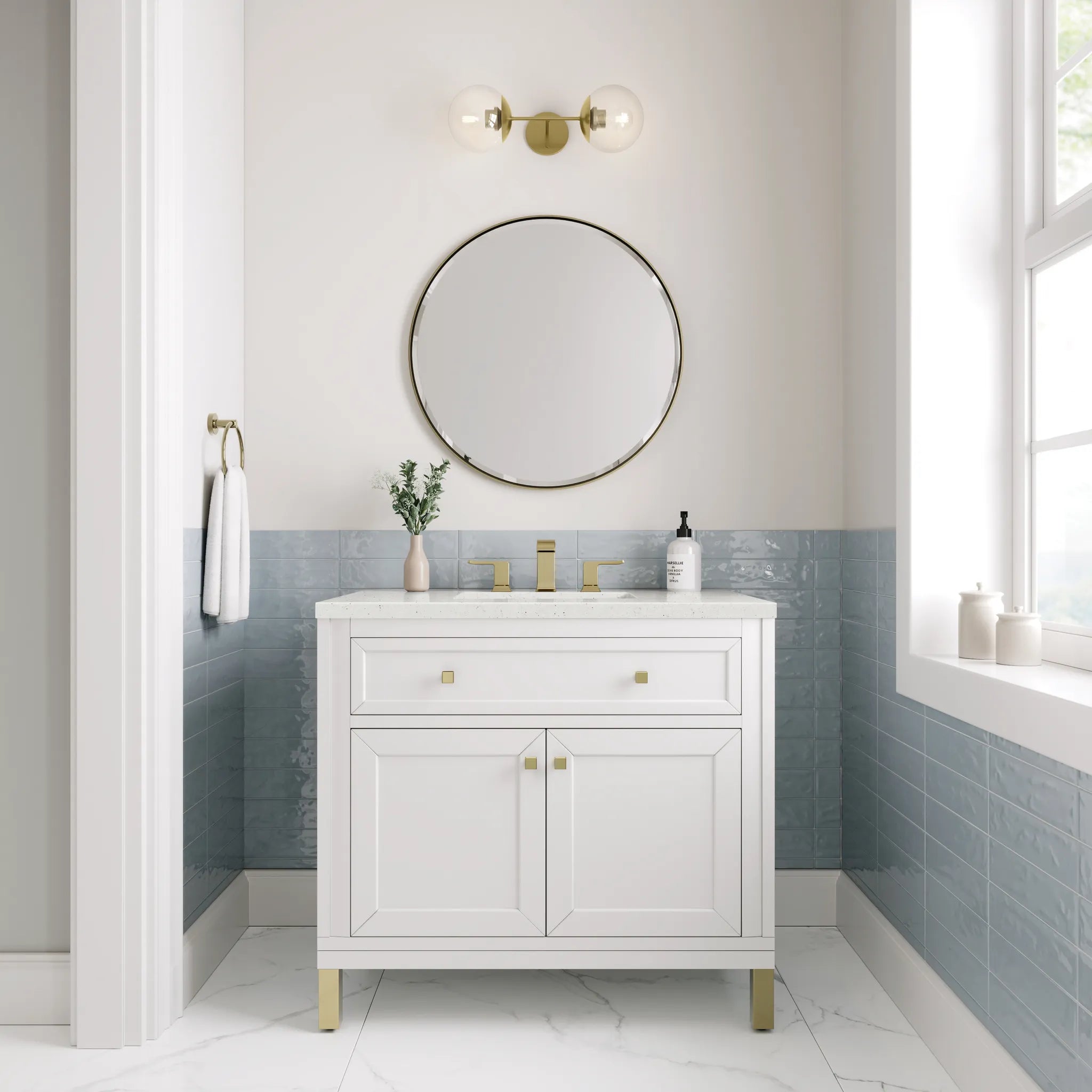 36" Chicago Single Vanity in Glossy White-Lime Delight Silestone-8" Widespread image 3