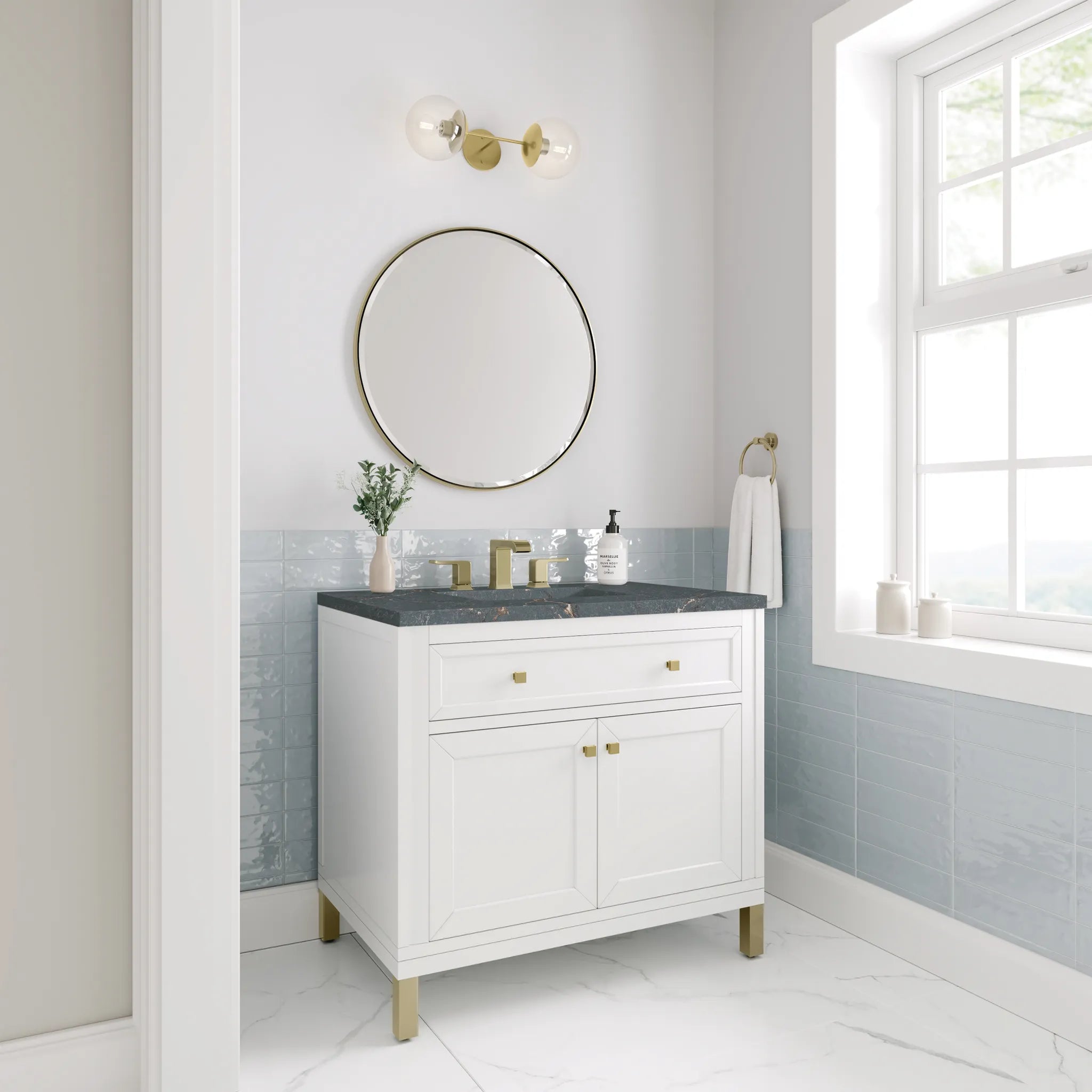 36" Chicago Single Vanity in Glossy White-Parisien Bleu Silestone-8" Widespread image 4