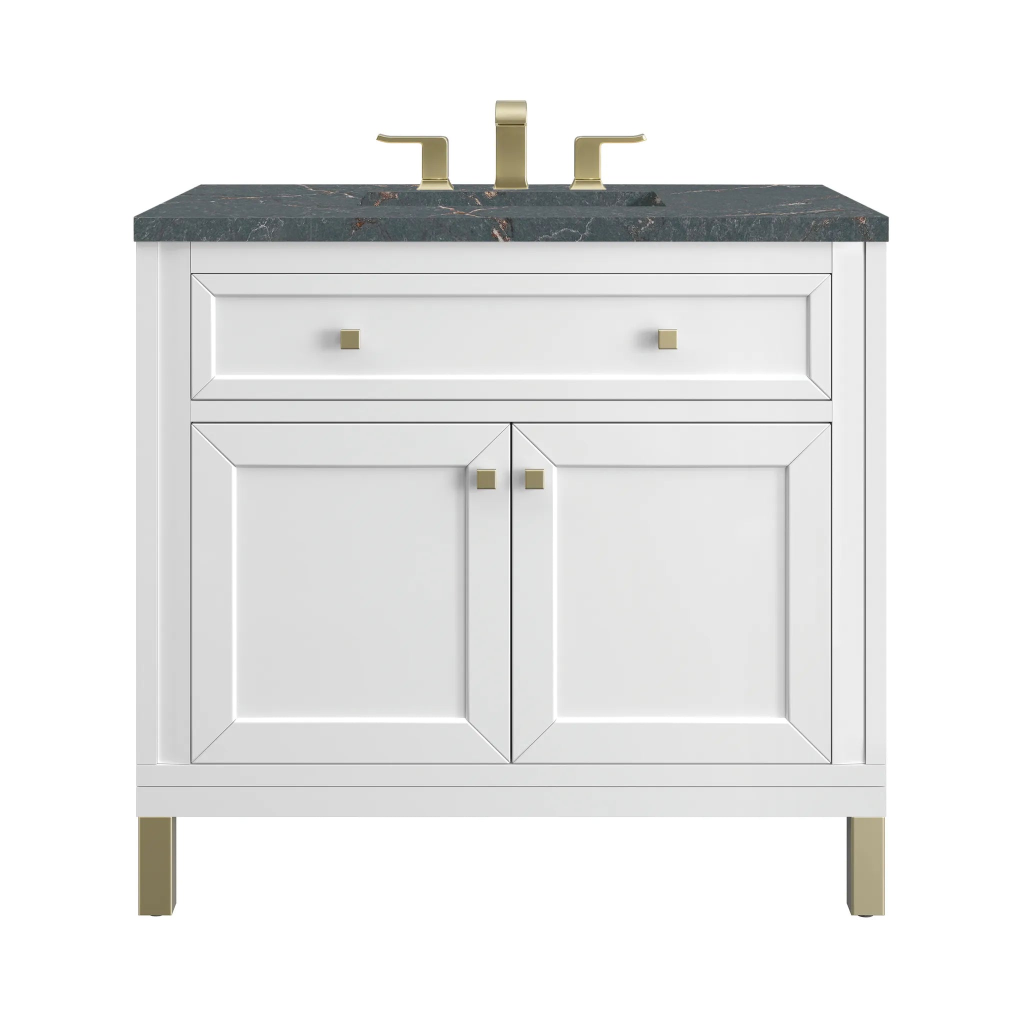 36" Chicago Single Vanity in Glossy White-Parisien Bleu Silestone-8" Widespread image