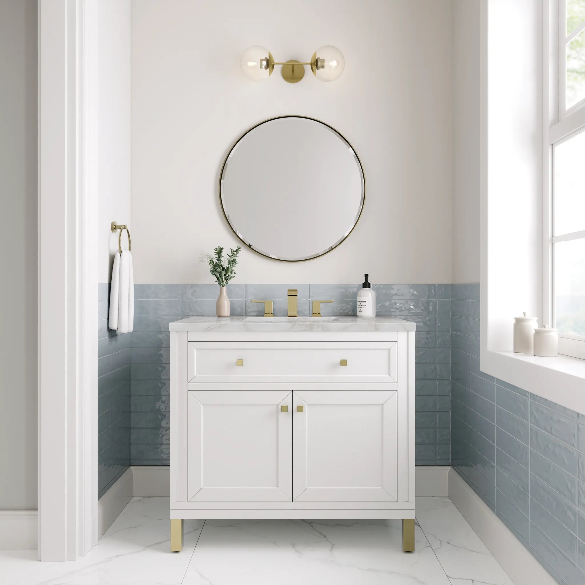 36" Chicago Single Vanity in Glossy White-Victorian Silver Silestone-8" Widespread image 3