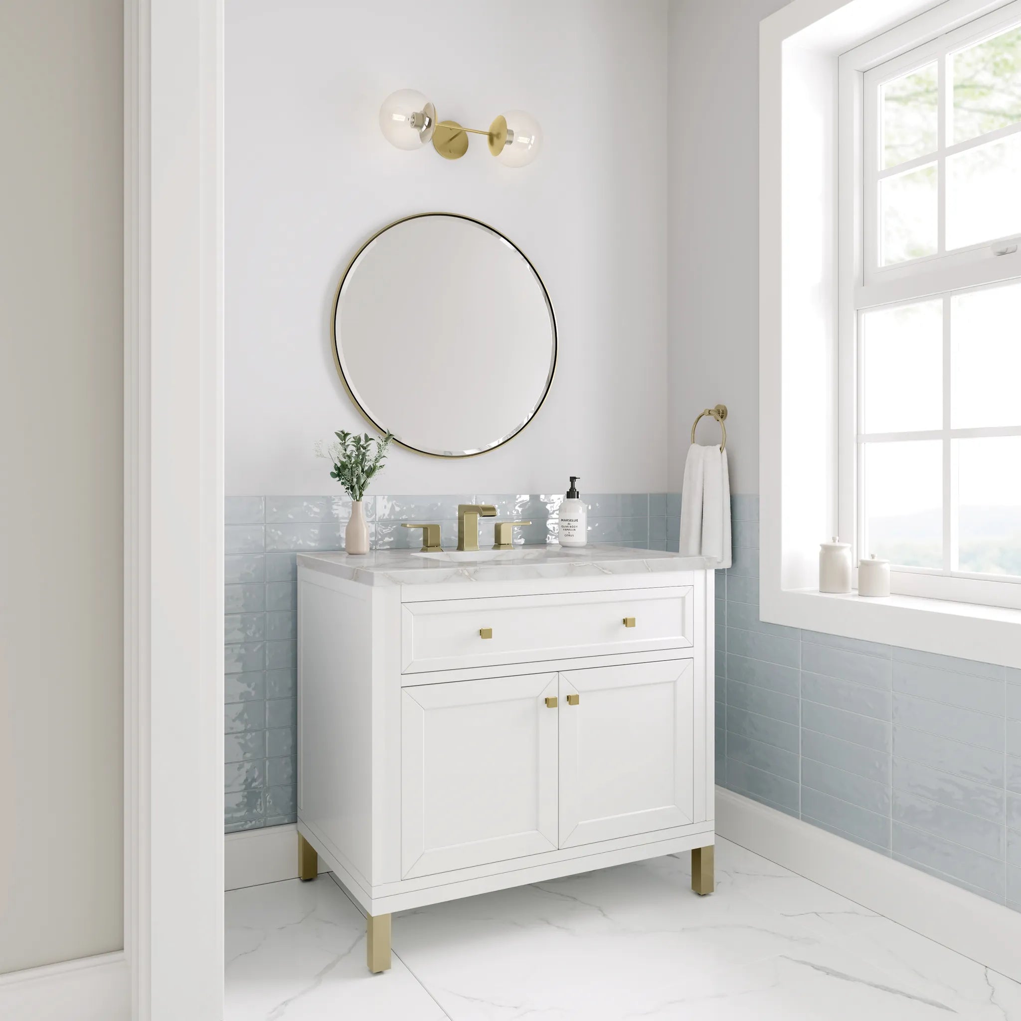 36" Chicago Single Vanity in Glossy White-Victorian Silver Silestone-8" Widespread image 4