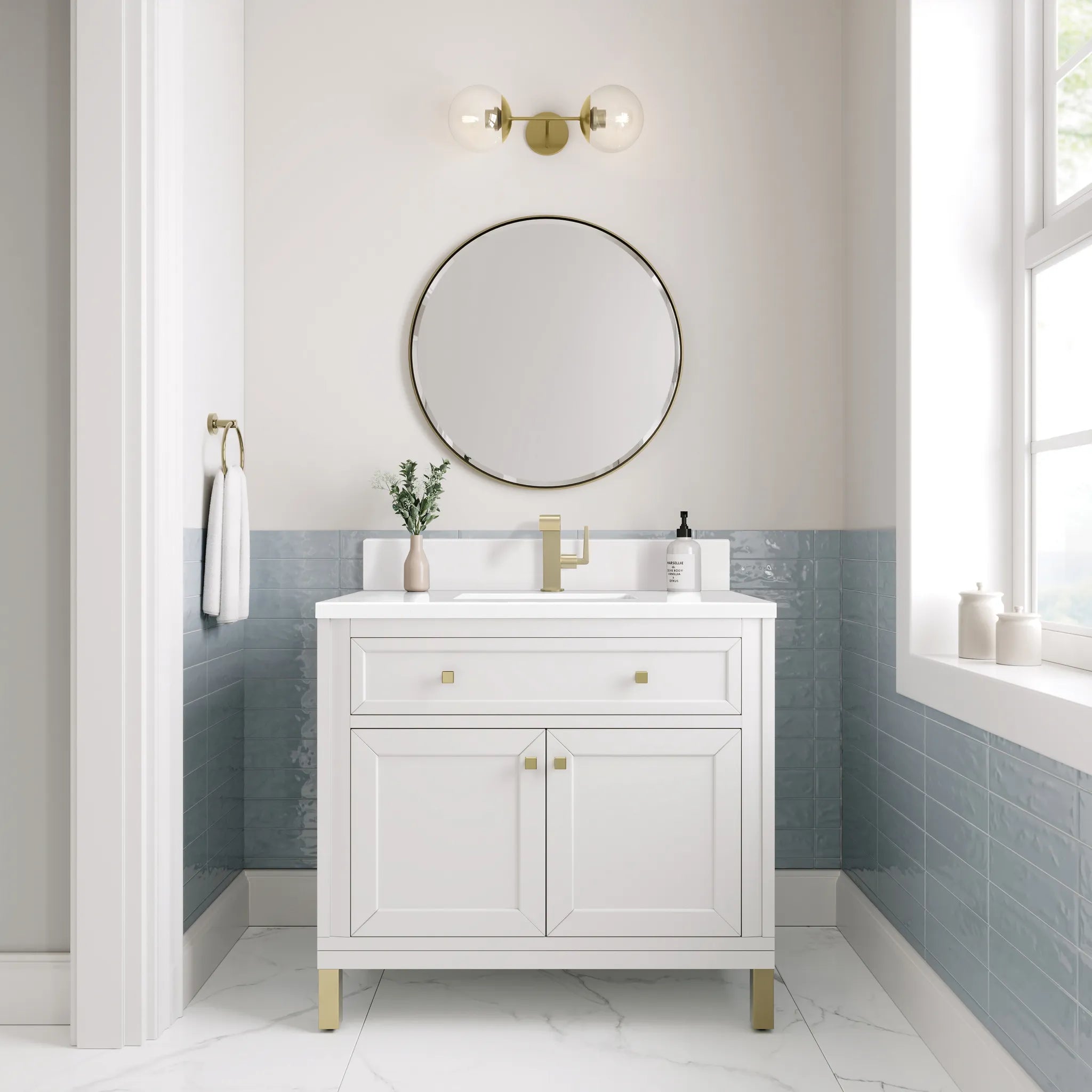 36" Chicago Single Vanity in Glossy White-White Zeus Silestone & Backsplash-Single Hole image 3