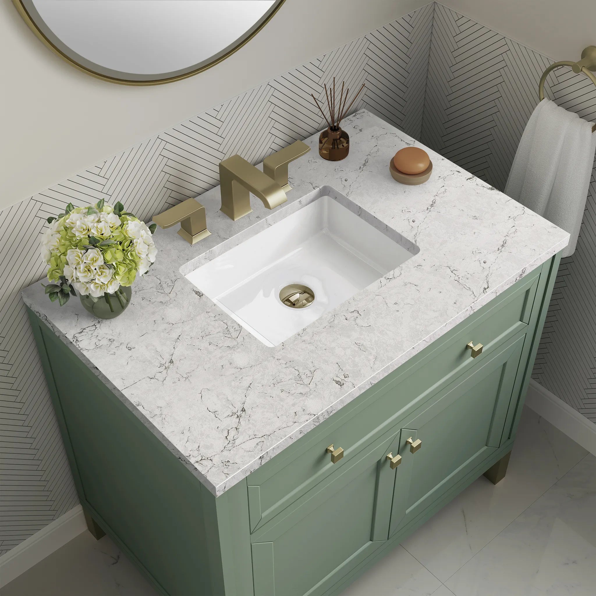 36" Chicago Single Vanity in Smokey Celadon-Eternal Jasmine Pearl Silestone-8" Widespread image 8