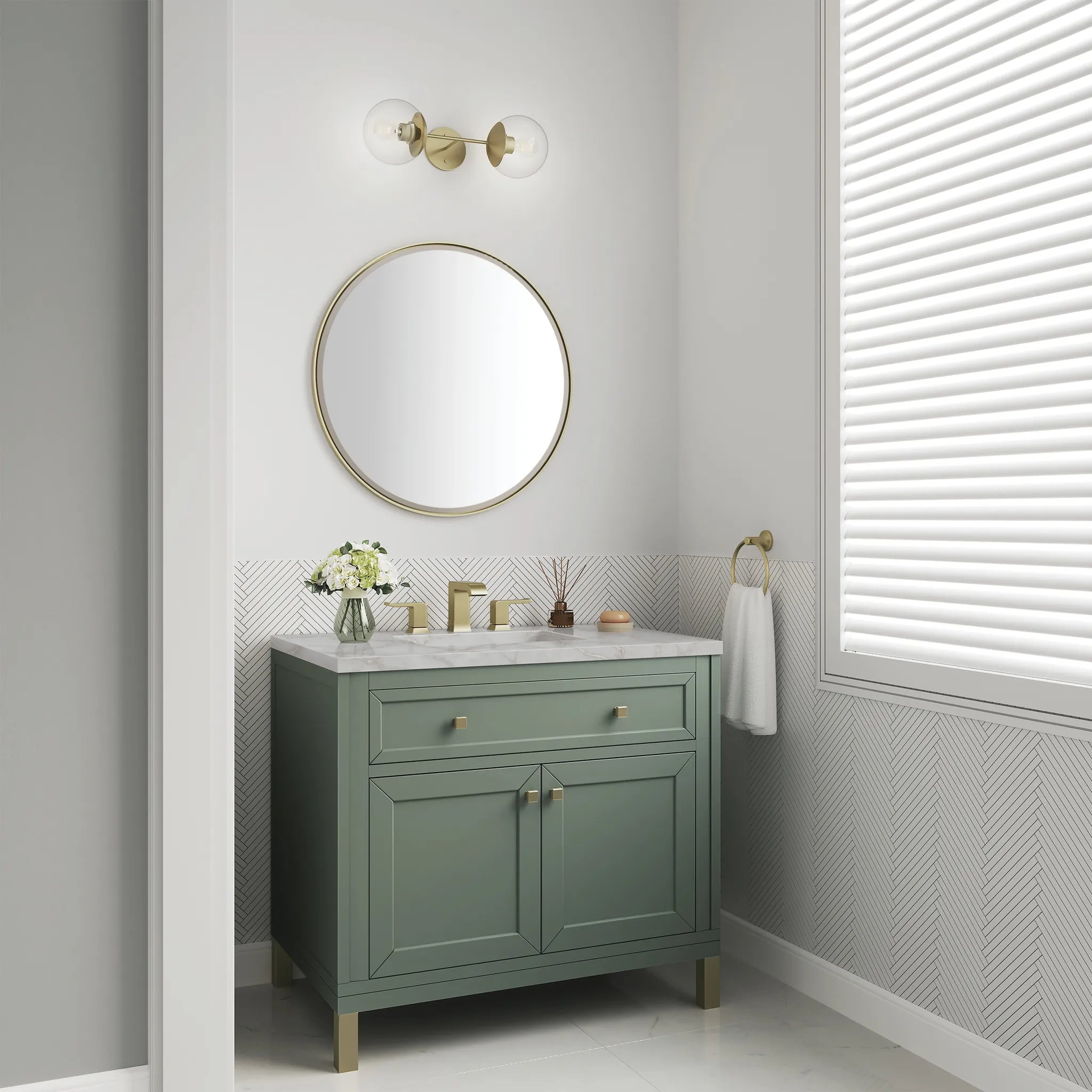 36" Chicago Single Vanity in Smokey Celadon-Victorian Silver Silestone-8" Widespread image 4