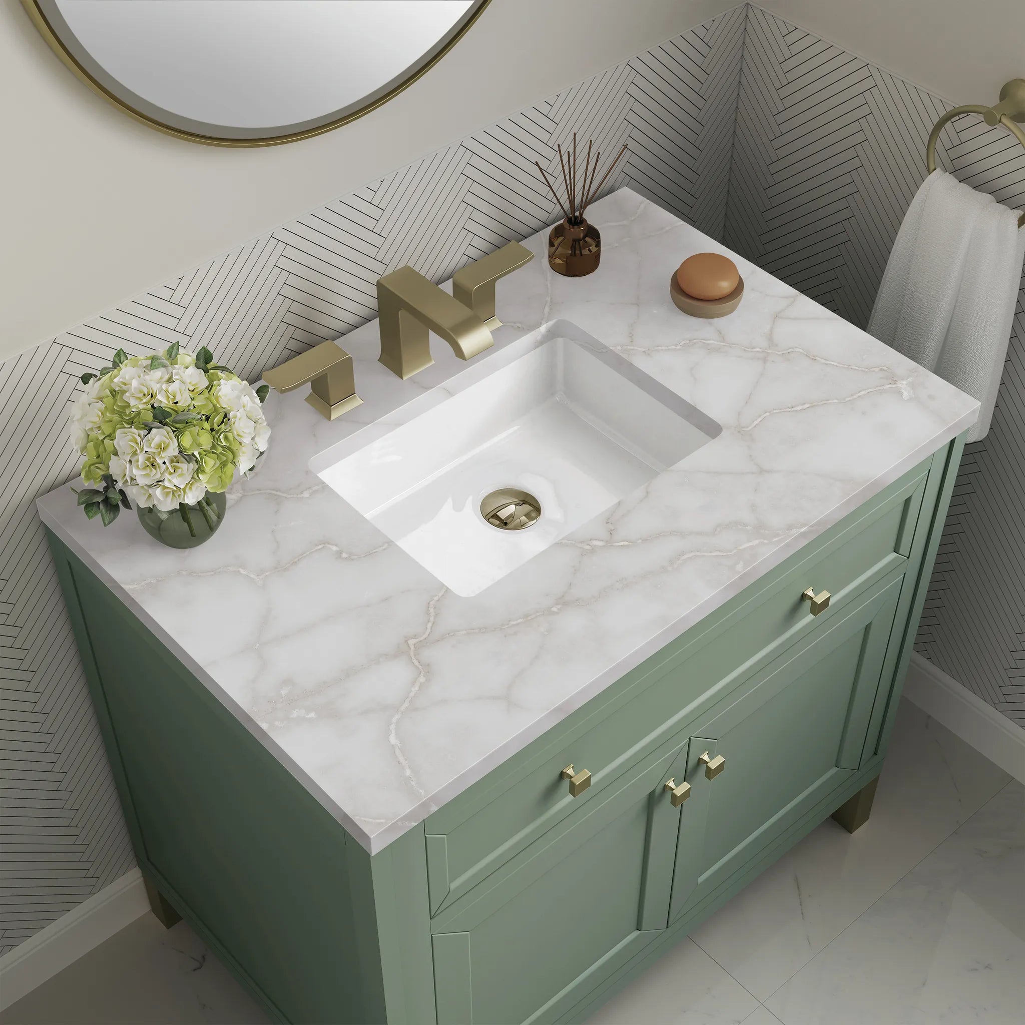 36" Chicago Single Vanity in Smokey Celadon-Victorian Silver Silestone-8" Widespread image 7