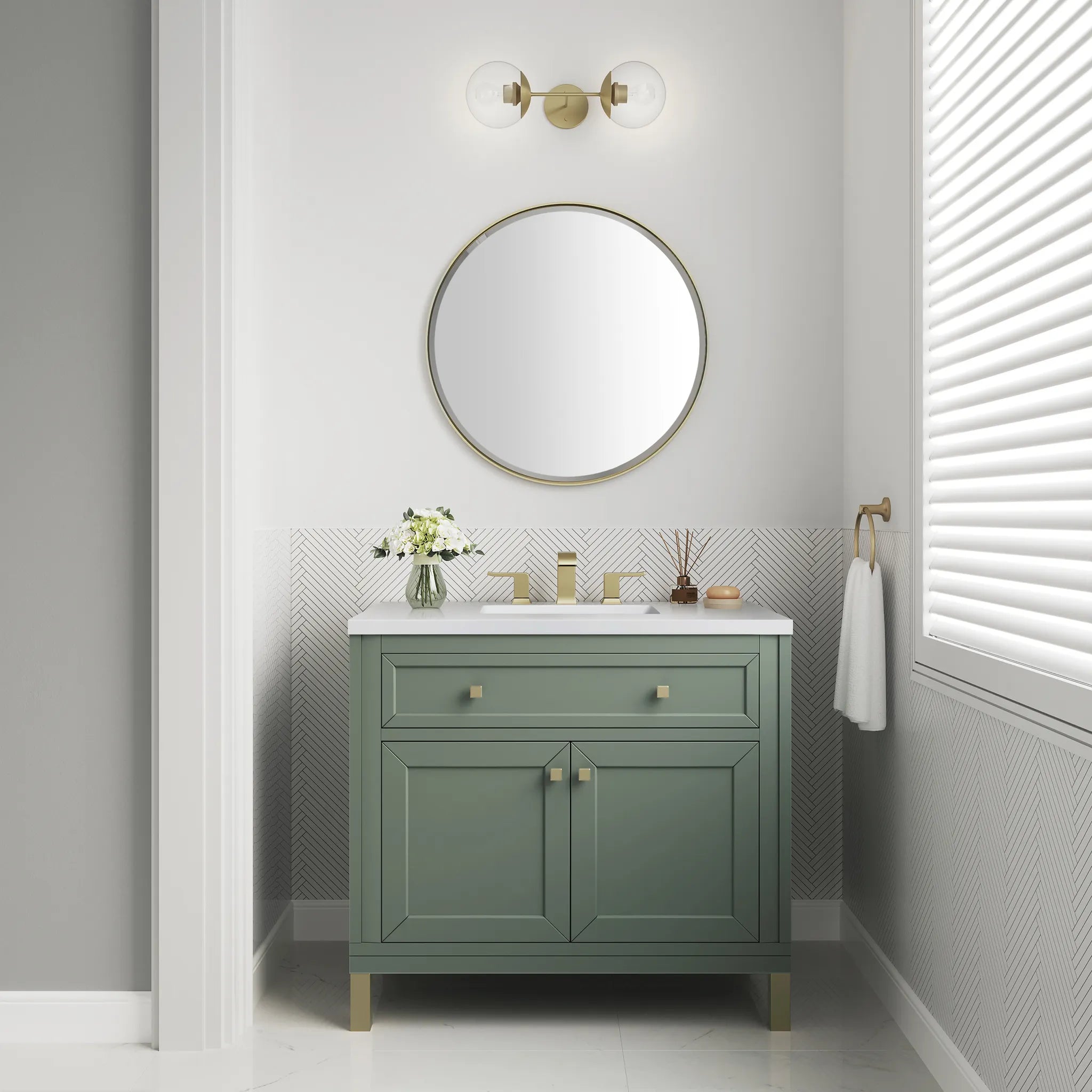 36" Chicago Single Vanity in Smokey Celadon-White Zeus Silestone-8" Widespread image 4