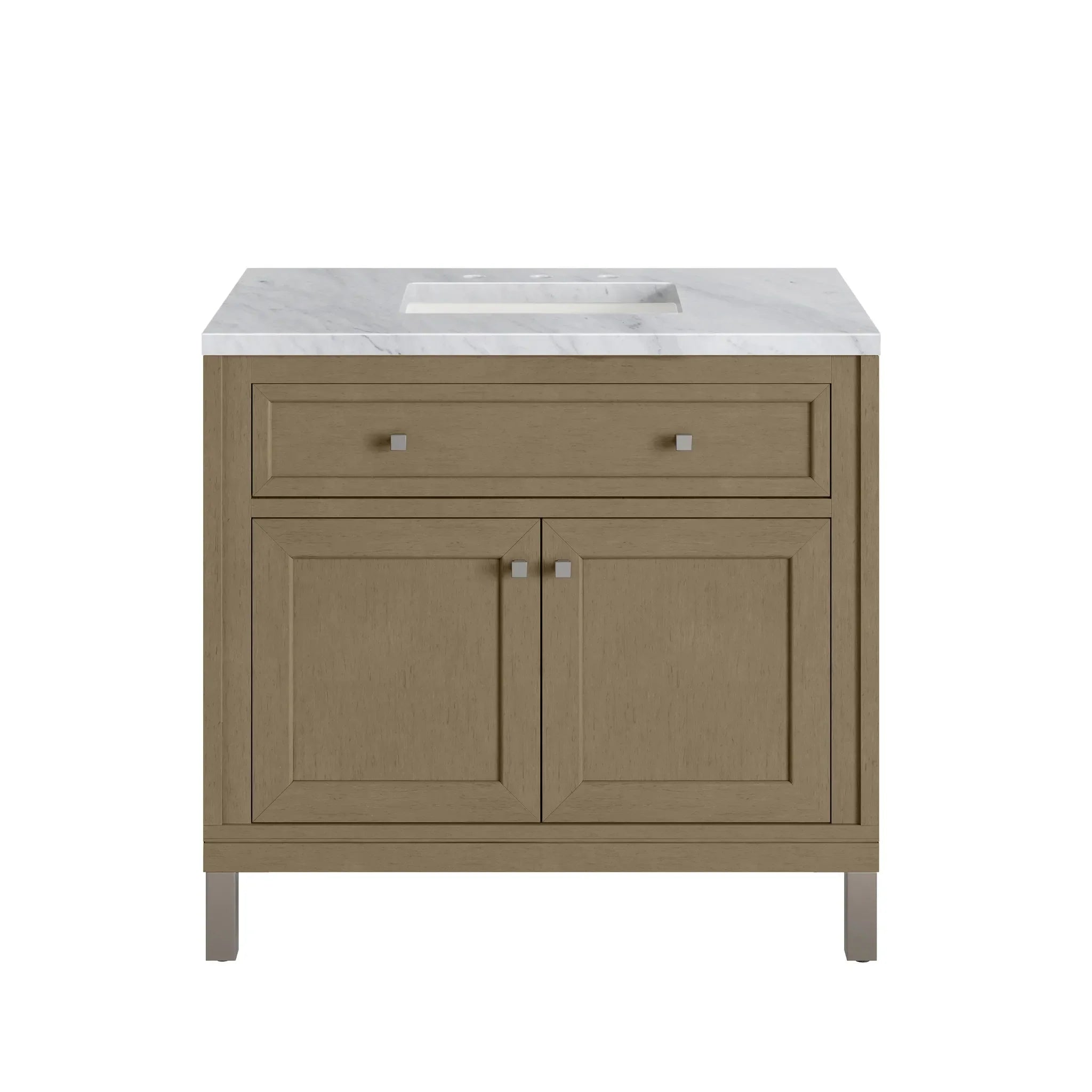 36" Chicago Single Vanity in Walnut Whisper-Carrara White Marble-8" Widespread image 1