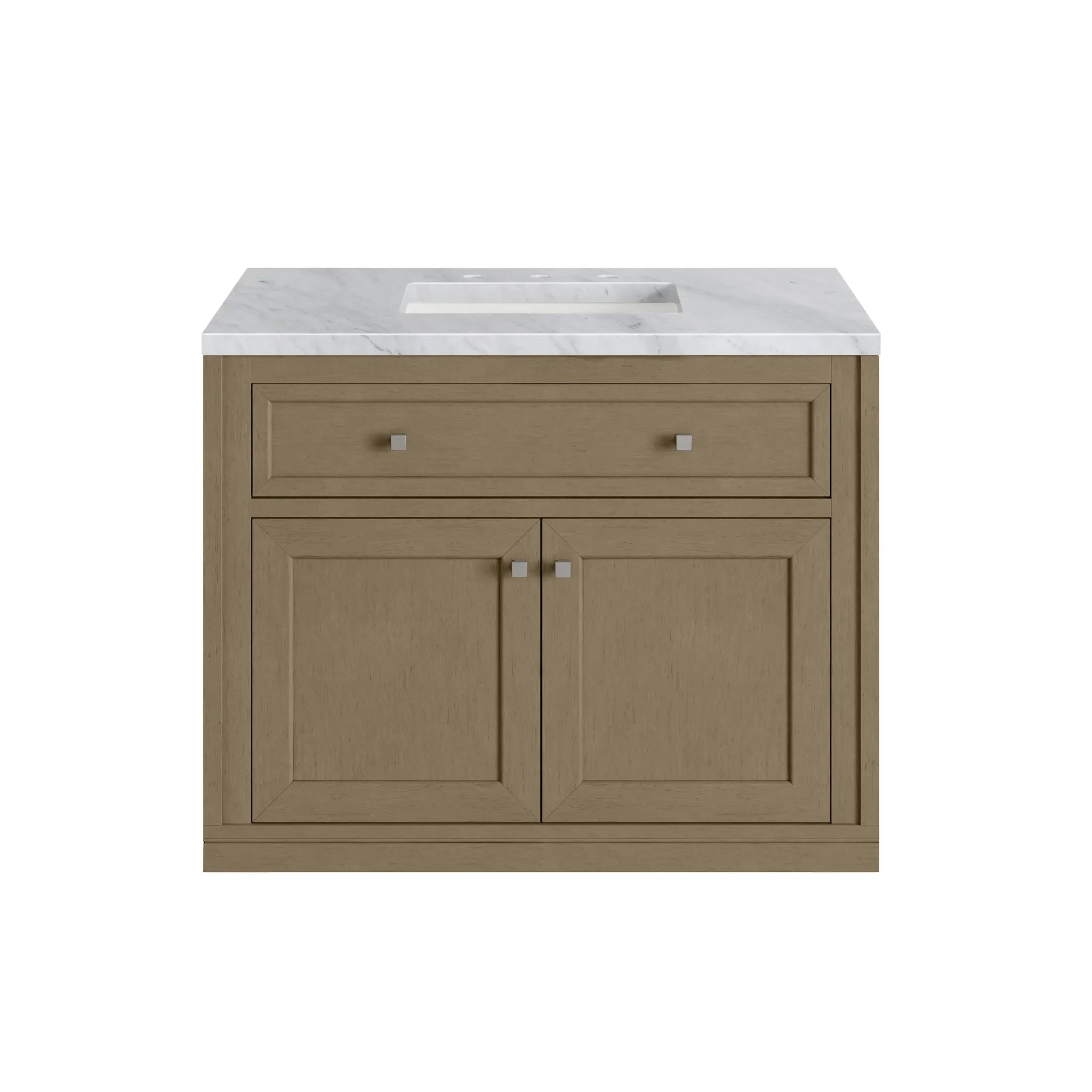 36" Chicago Single Vanity in Walnut Whisper-Carrara White Marble-8" Widespread image 3